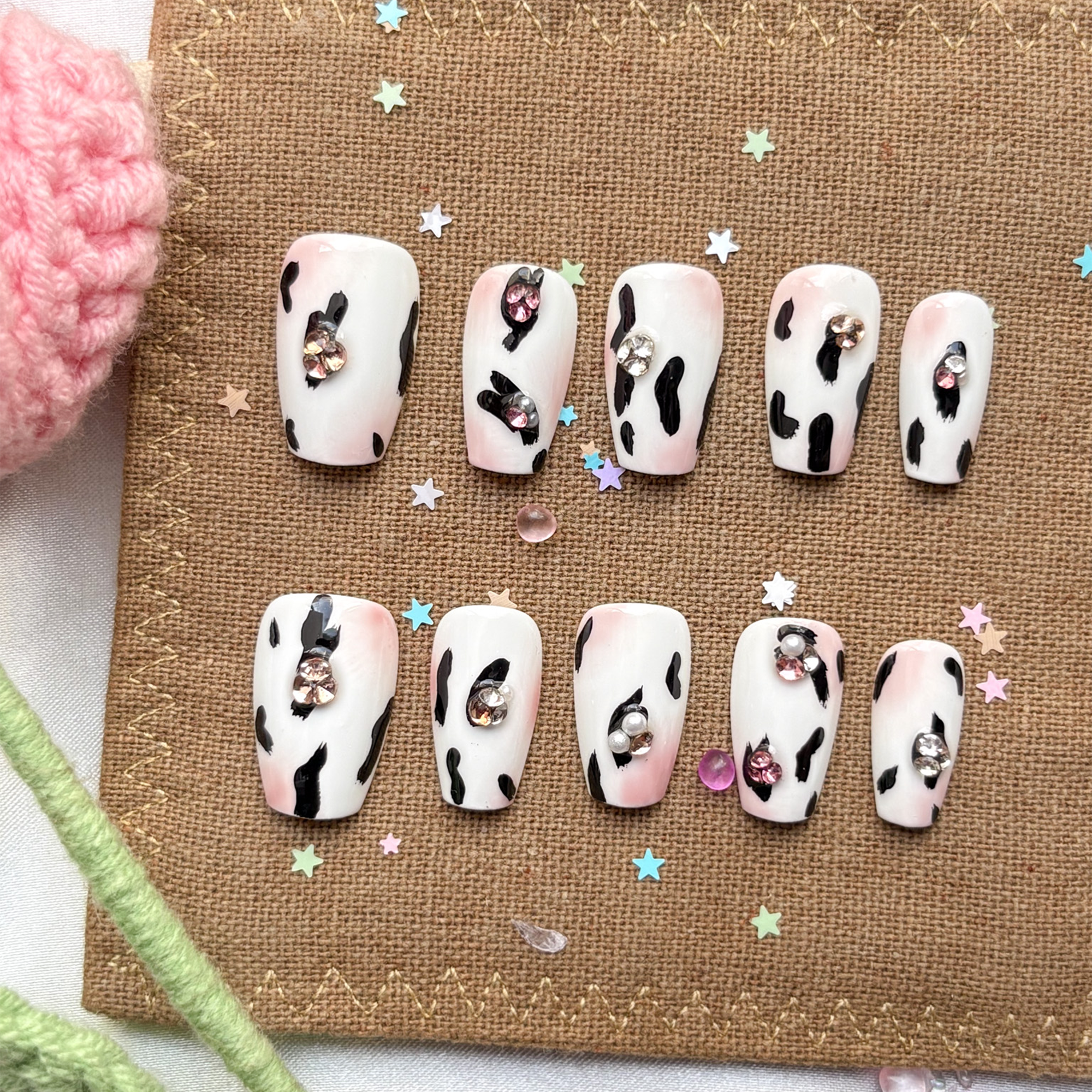 Personalized Cow Print Coffin Press On Nails | Rhinestone Accent | Handmade Custom Nail Art
