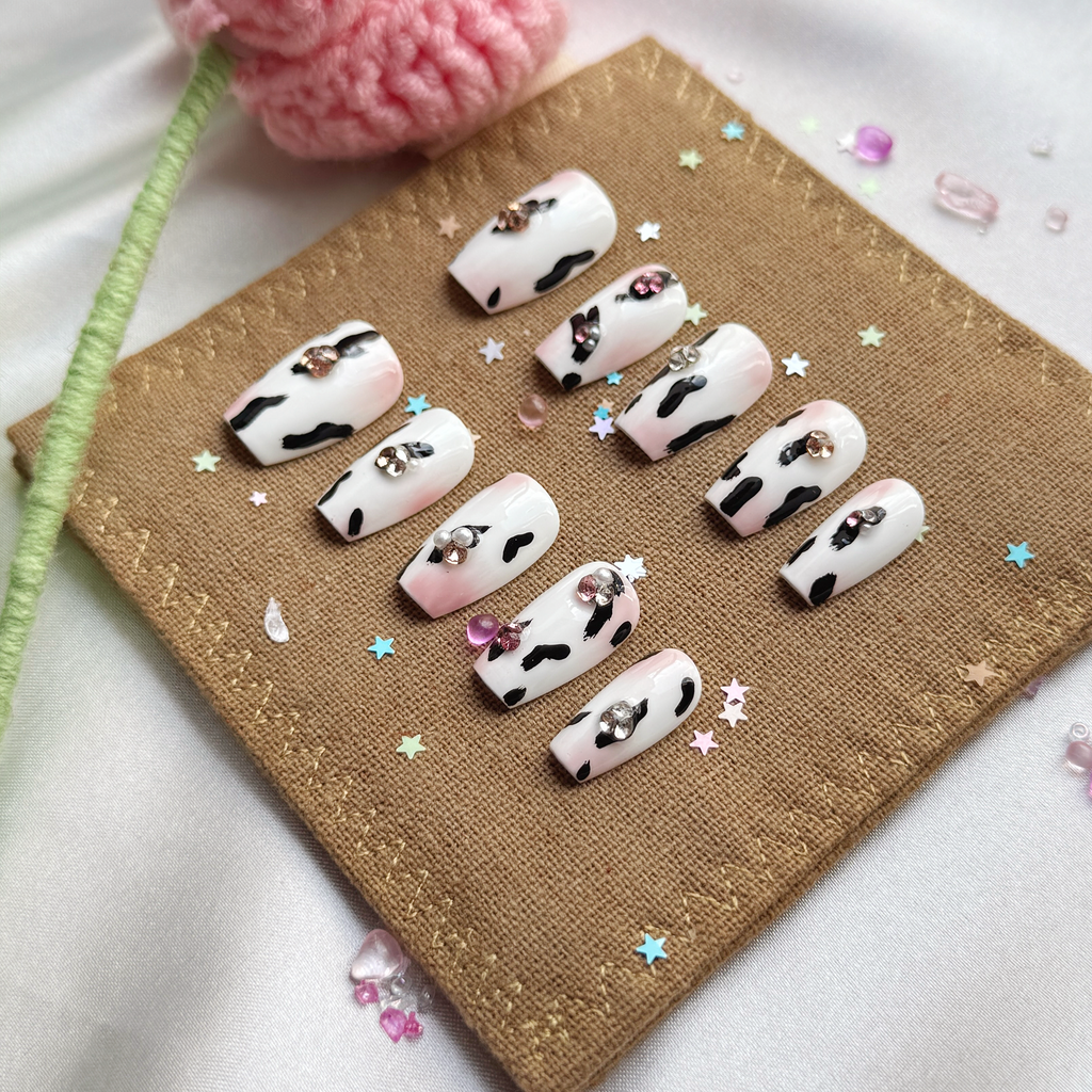 Personalized Cow Print Coffin Press On Nails | Rhinestone Accent | Handmade Custom Nail Art