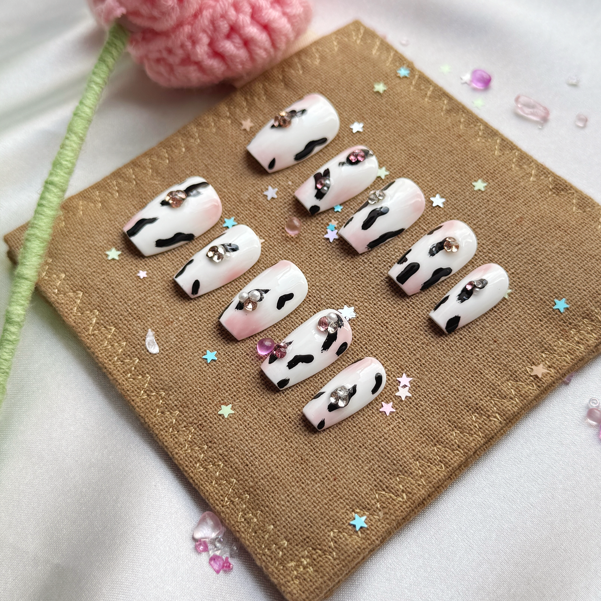 Personalized Cow Print Coffin Press On Nails | Rhinestone Accent | Handmade Custom Nail Art