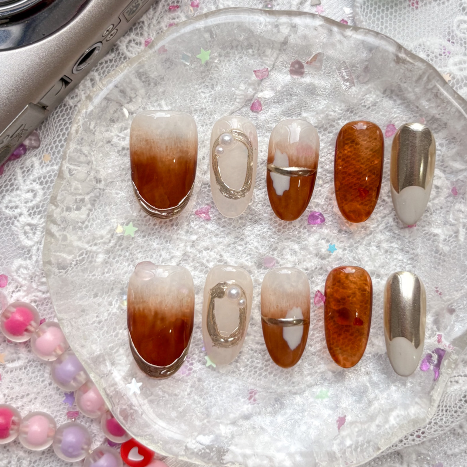 Custom Press-On Nails – Amber Brown Ombre & Pearl Chrome | Fall Metallic Accents | Oval Handmade Nail Set | Wynzy Pops Nail