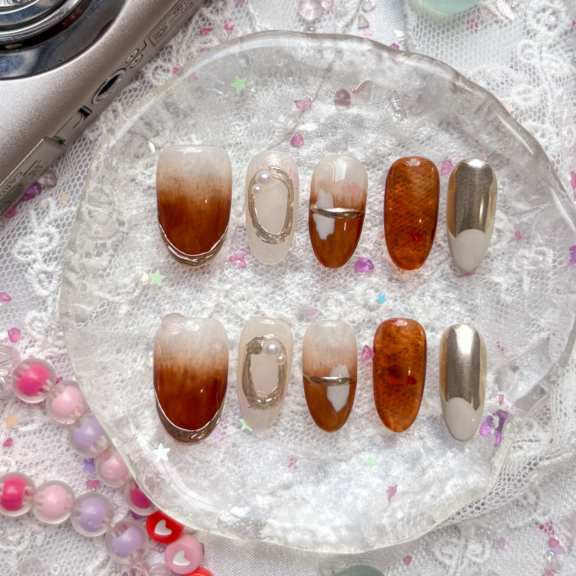 Custom Press-On Nails – Amber Brown Ombre & Pearl Chrome | Fall Metallic Accents | Oval Handmade Nail Set | Wynzy Pops Nail