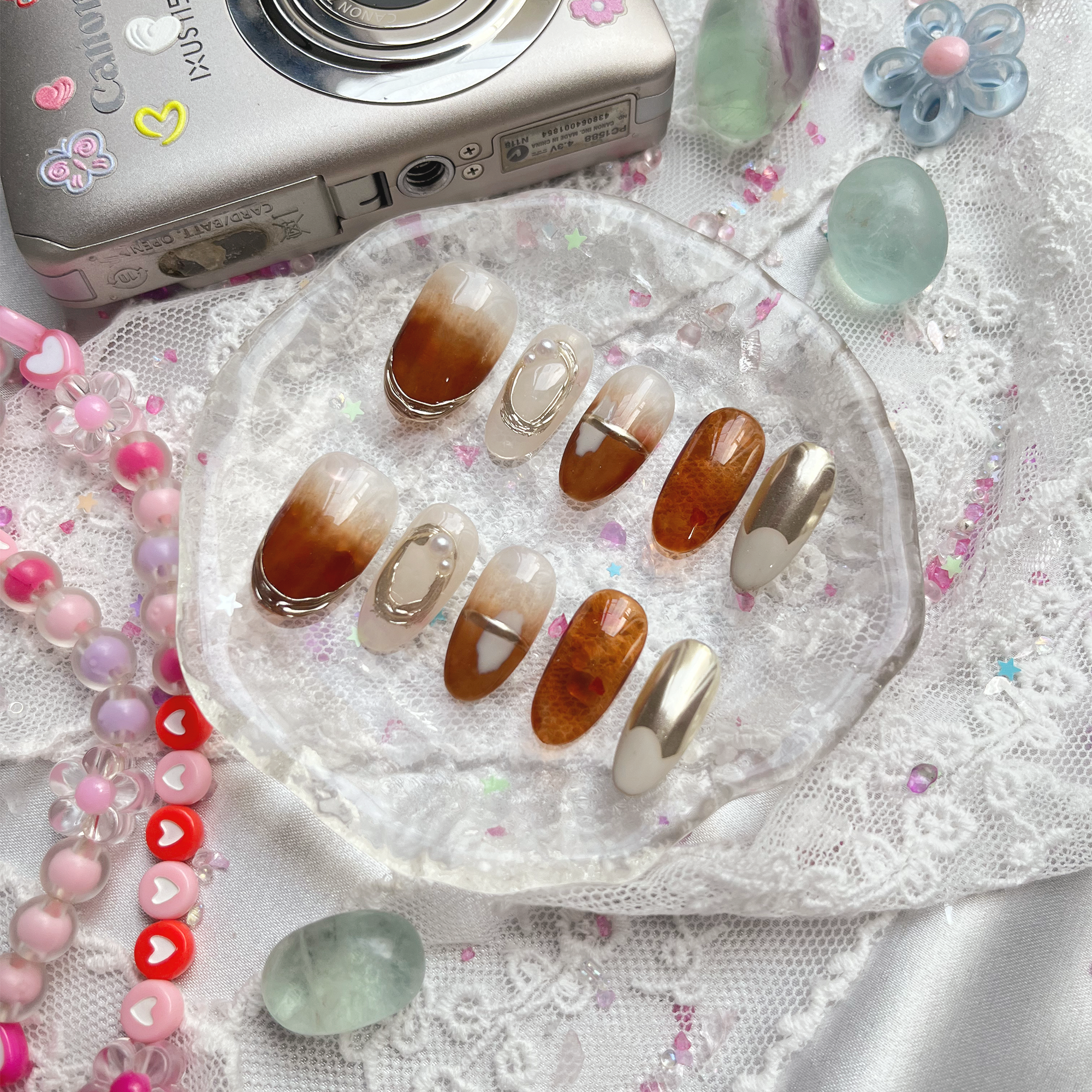 Custom Press-On Nails – Amber Brown Ombre & Pearl Chrome | Fall Metallic Accents | Oval Handmade Nail Set | Wynzy Pops Nail