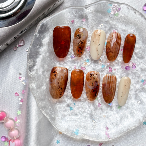Custom Brown Ombre Press On Nails | Personalize Fall Almond Set | Gold Foil & Cream Accent Nails | Elegant Autumn-Inspired Nail Design