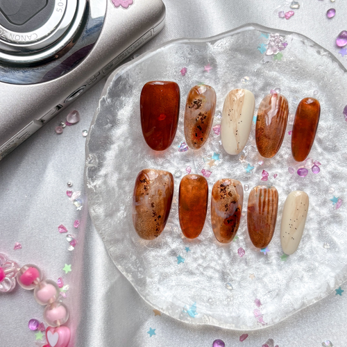 Custom Brown Ombre Press On Nails | Personalize Fall Almond Set | Gold Foil & Cream Accent Nails | Elegant Autumn-Inspired Nail Design
