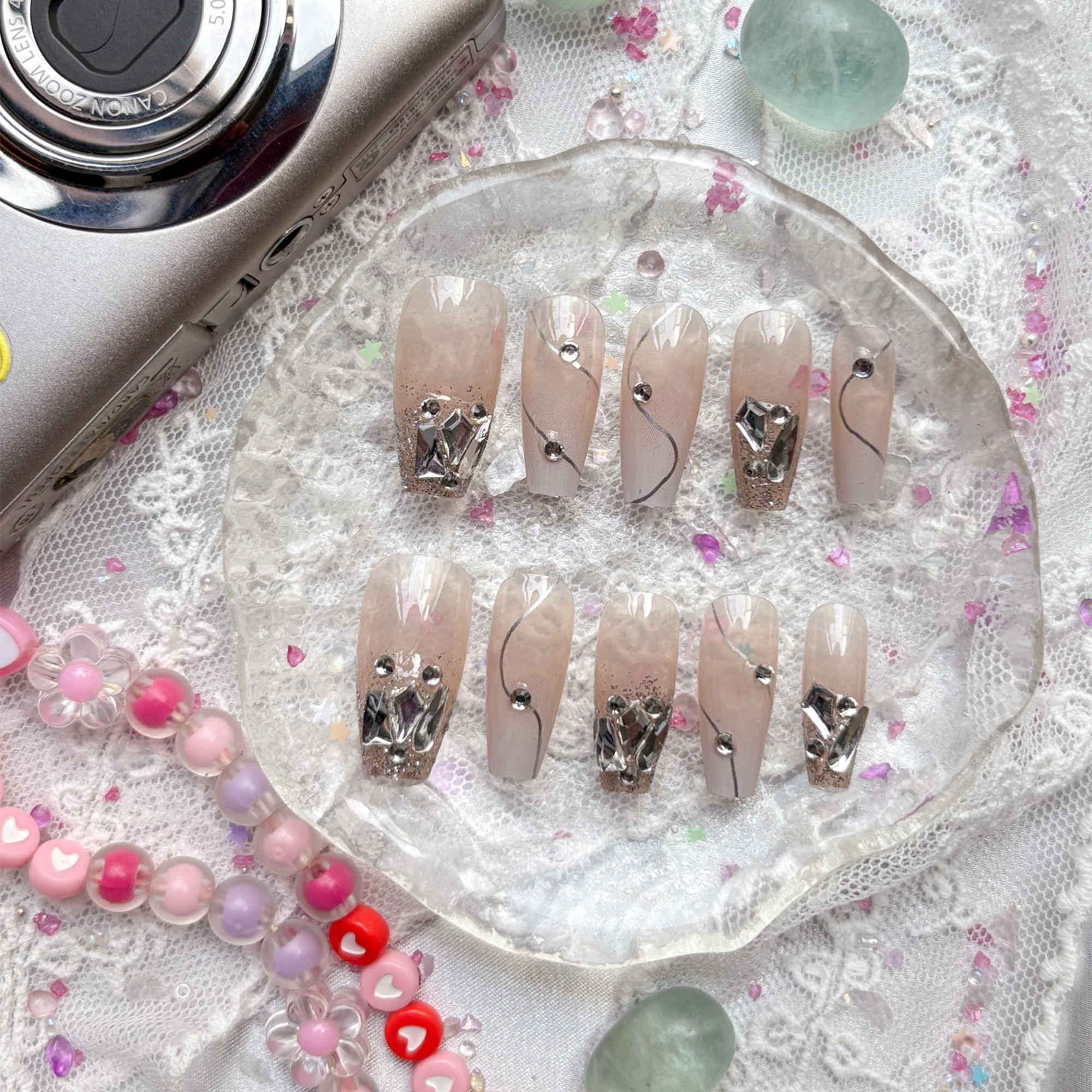Press-On Nails – Nude Quartz Coffin with Silver Chrome Crystals | Wynzy Pops Nails