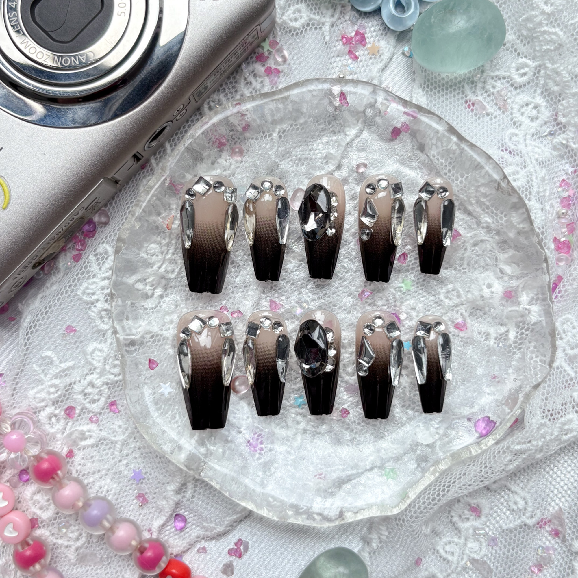 Press-On Nails – Gothic Black Ombre with Crystal Rhinestone Accents | Wynzy Pops Nails