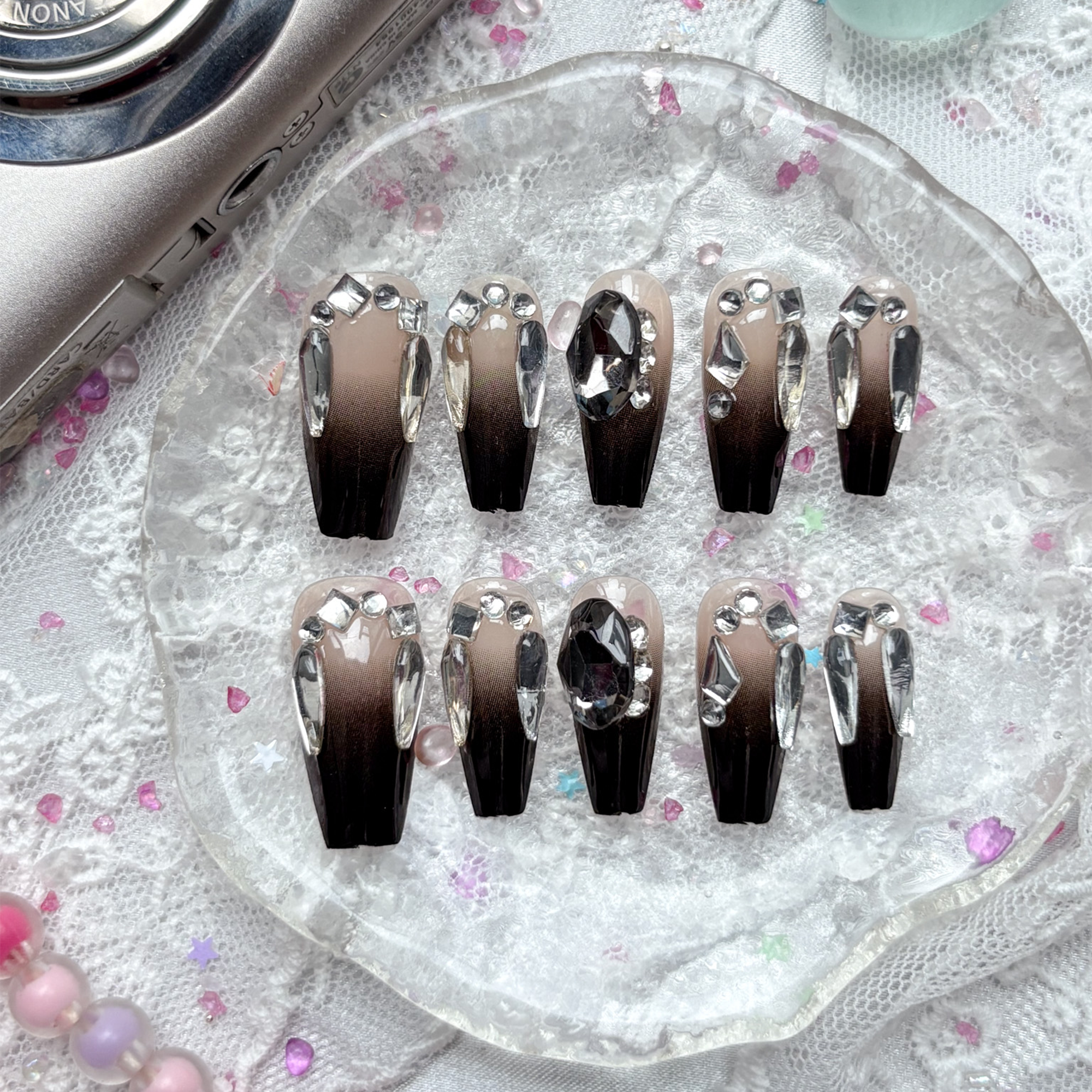 Press-On Nails – Gothic Black Ombre with Crystal Rhinestone Accents | Wynzy Pops Nails