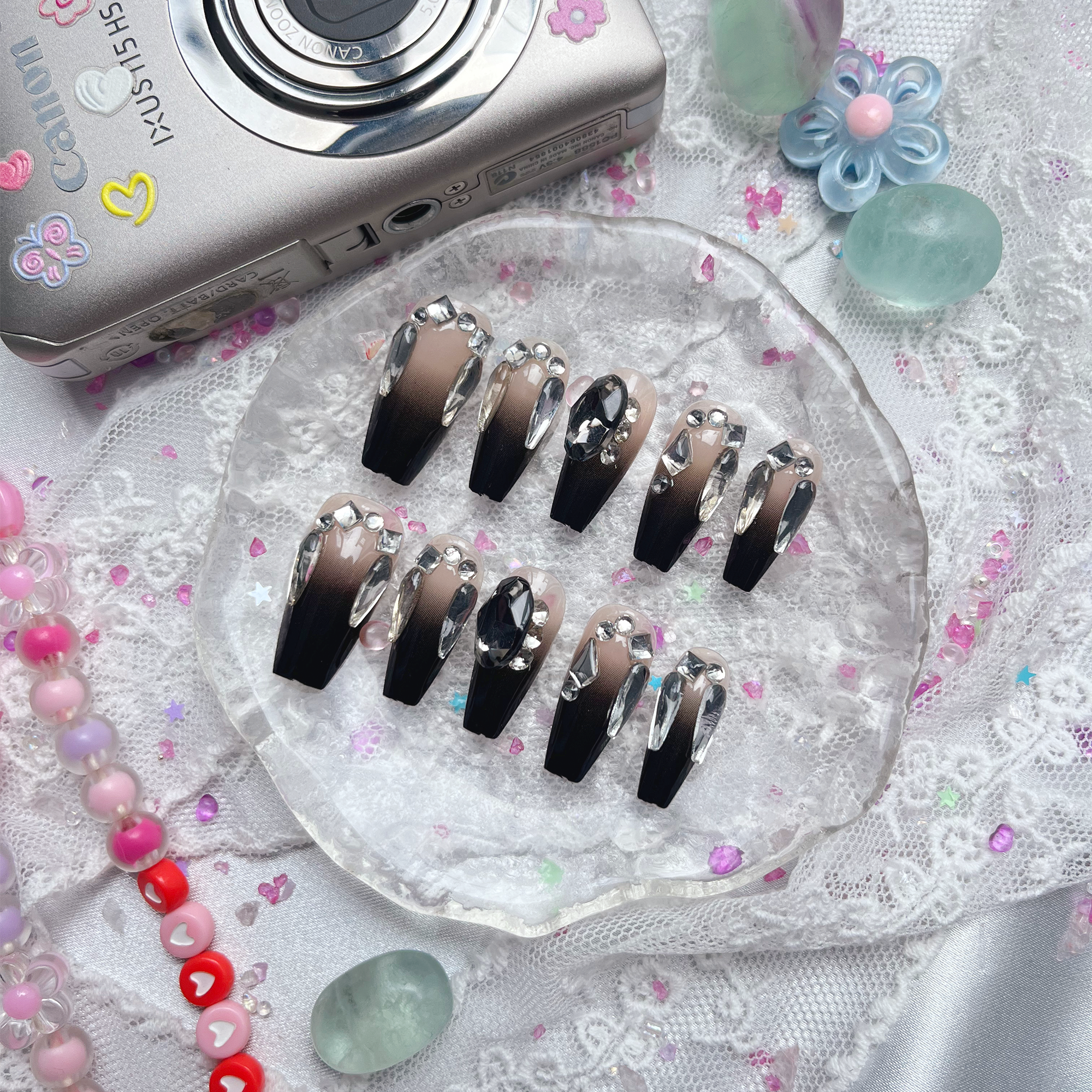 Press-On Nails – Gothic Black Ombre with Crystal Rhinestone Accents | Wynzy Pops Nails