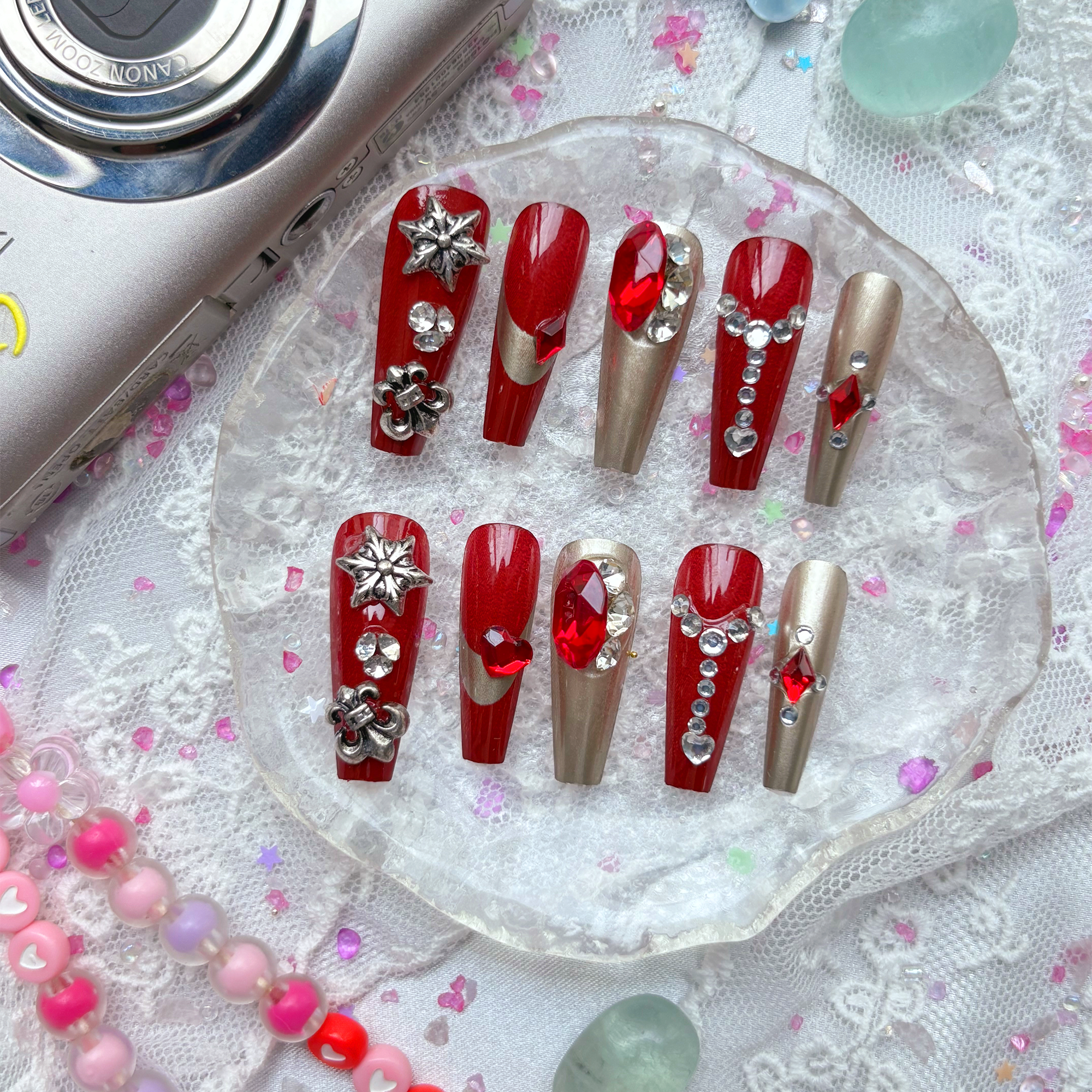 Press-On Nails – Red & Gold Halloween Set with Gothic Rhinestone Accents | Wynzy Pops Nails