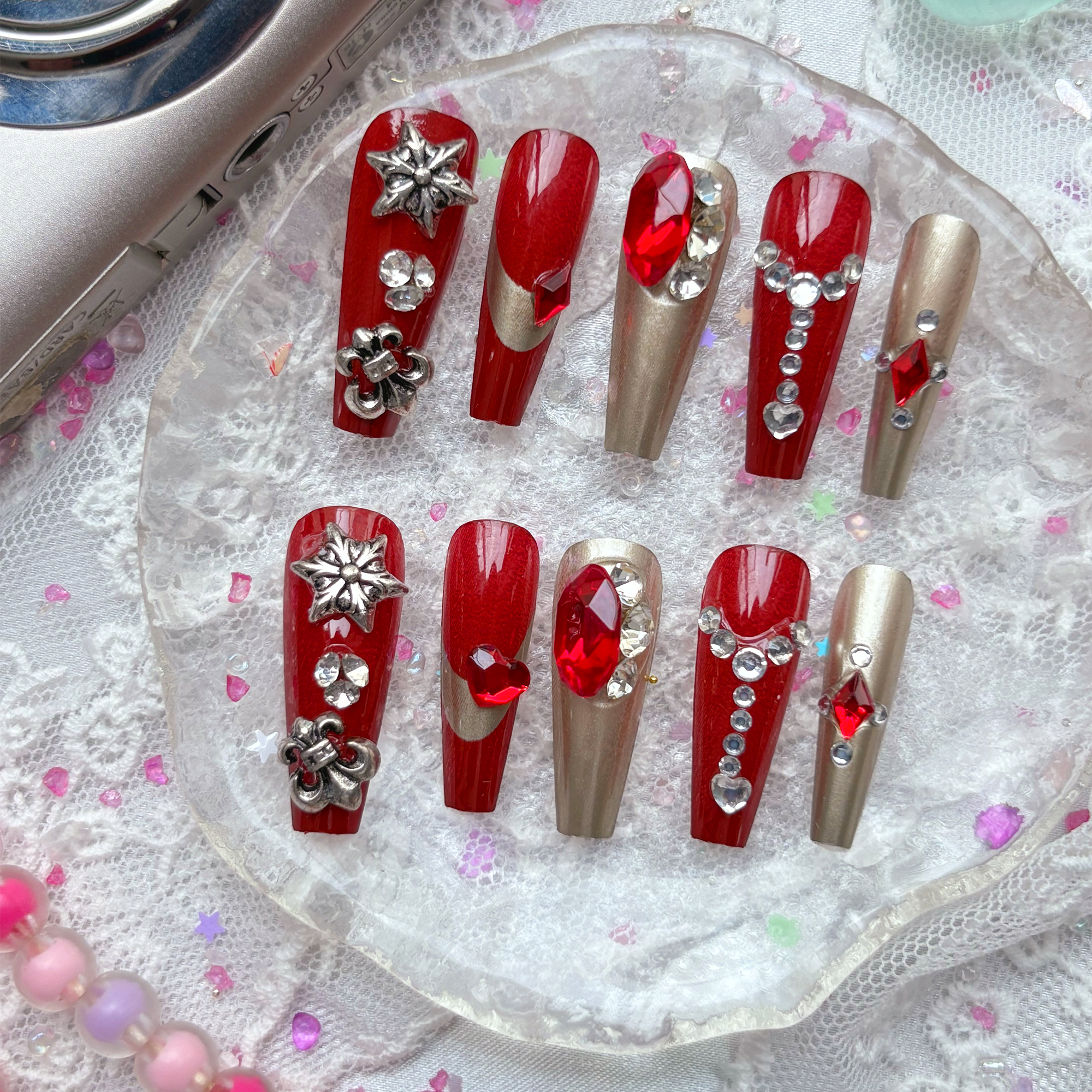 Press-On Nails – Red & Gold Halloween Set with Gothic Rhinestone Accents | Wynzy Pops Nails