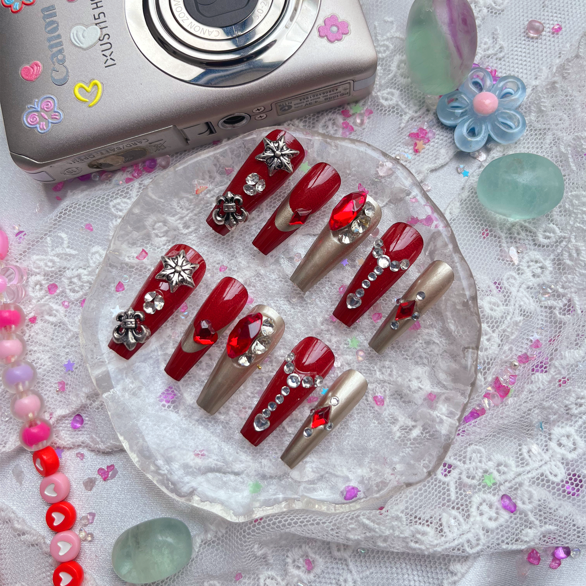 Press-On Nails – Red & Gold Halloween Set with Gothic Rhinestone Accents | Wynzy Pops Nails