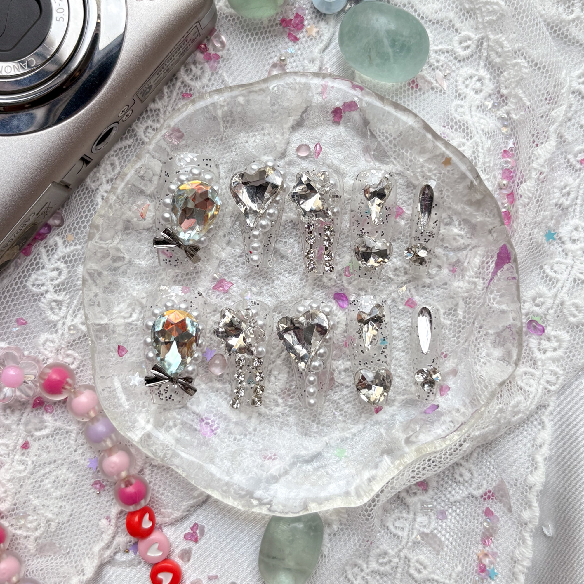 Press-On Nails – Extra Long Clear Glitter Coffin with Gems, Pearls & Bows | Wynzy Pops Nails