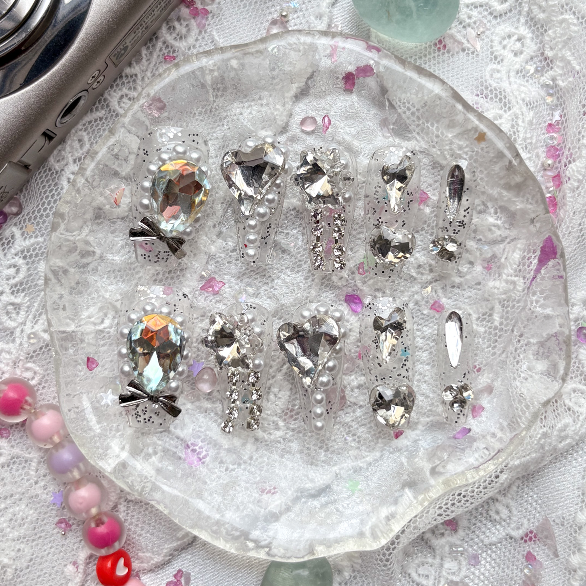 Press-On Nails – Extra Long Clear Glitter Coffin with Gems, Pearls & Bows | Wynzy Pops Nails