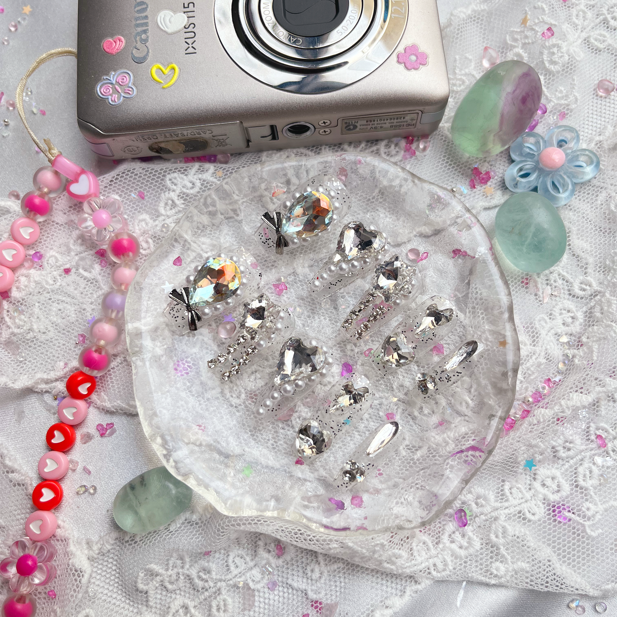 Press-On Nails – Extra Long Clear Glitter Coffin with Gems, Pearls & Bows | Wynzy Pops Nails