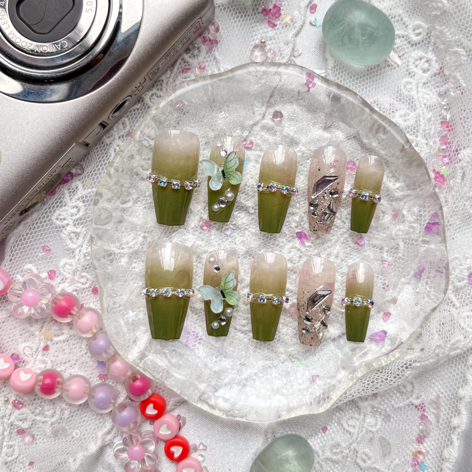 Press-On Nails – Olive Ombré with Rhinestones & 3D Butterfly Accents | Handmade Nature-Inspired Nail Art | Wynzy Pops Nails