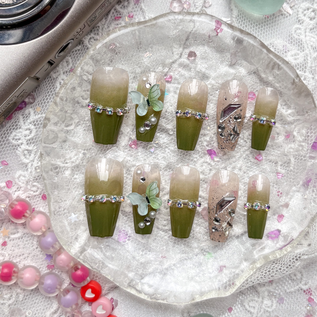 Press-On Nails – Olive Ombré with Rhinestones & 3D Butterfly Accents | Handmade Nature-Inspired Nail Art | Wynzy Pops Nails