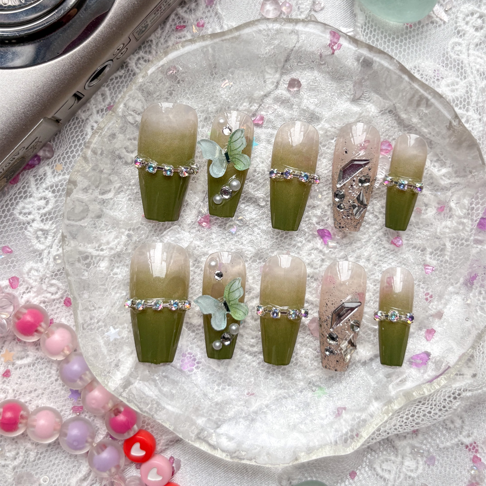 Press-On Nails – Olive Ombré with Rhinestones & 3D Butterfly Accents | Handmade Nature-Inspired Nail Art | Wynzy Pops Nails