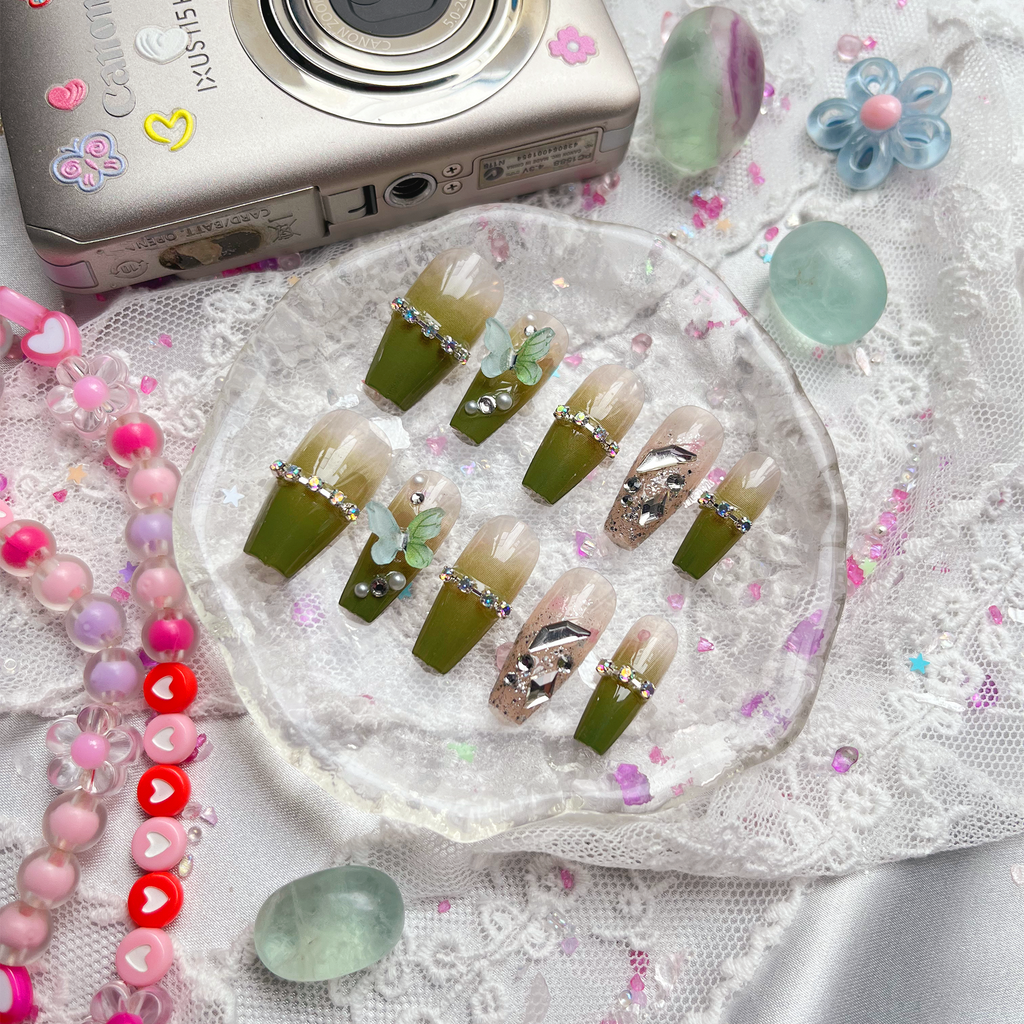 Press-On Nails – Olive Ombré with Rhinestones & 3D Butterfly Accents | Handmade Nature-Inspired Nail Art | Wynzy Pops Nails
