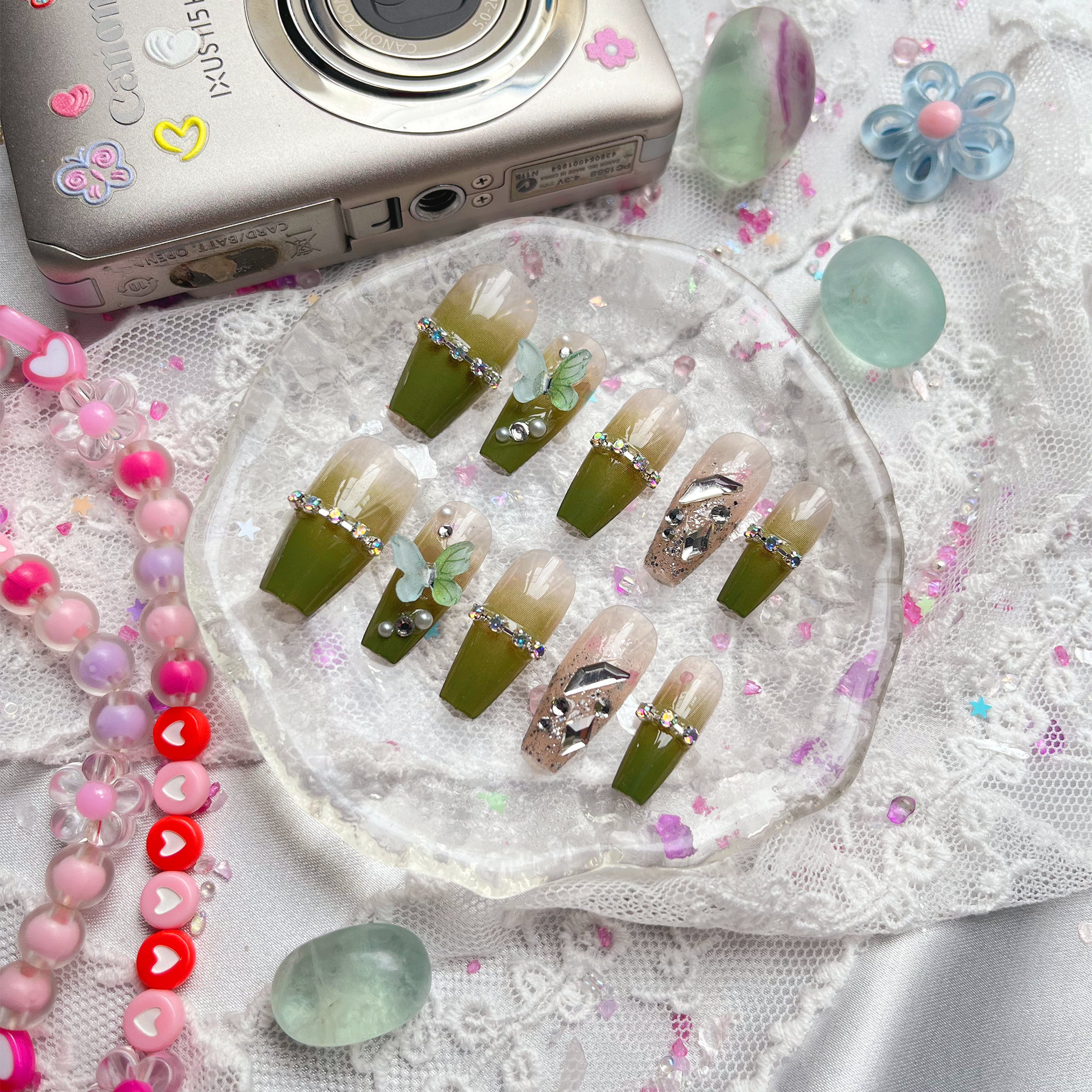Press-On Nails – Olive Ombré with Rhinestones & 3D Butterfly Accents | Handmade Nature-Inspired Nail Art | Wynzy Pops Nails