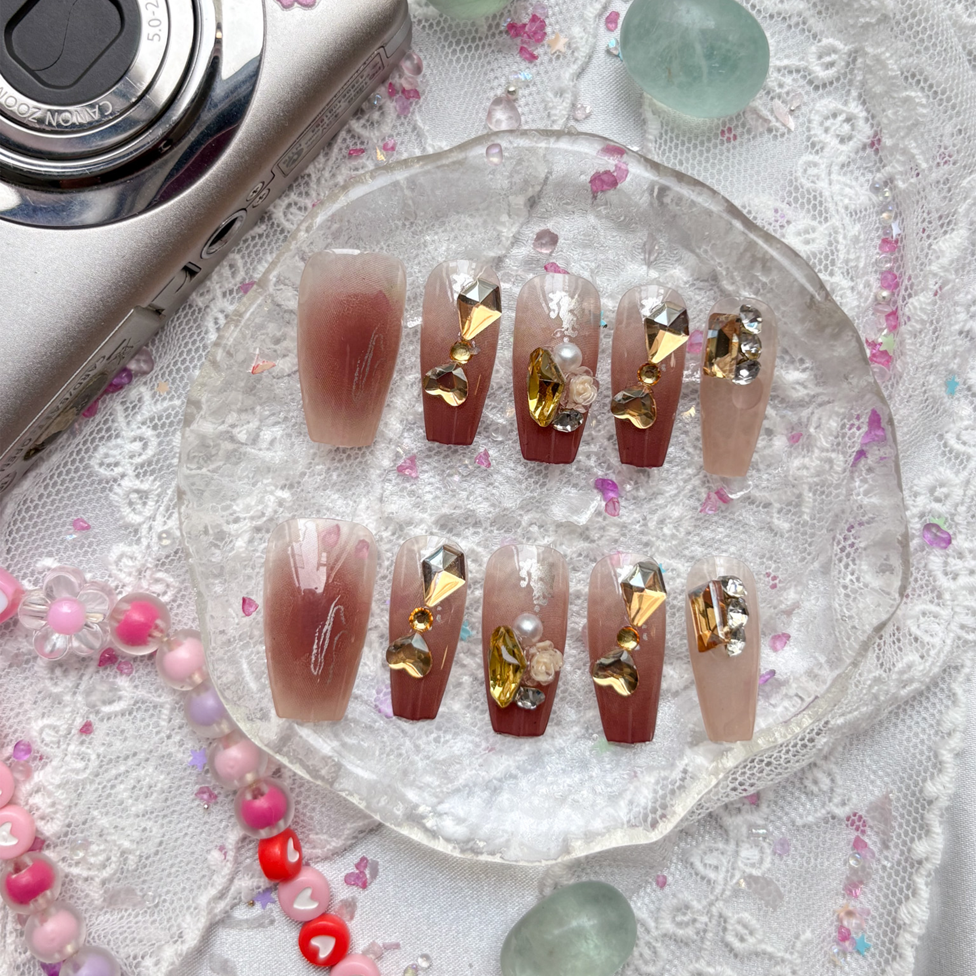 Press-On Nails – Autumn Brown Ombre with Gold Rhinestones & 3D Charms | Long Square Luxury Set | Wynzy Pops Nails
