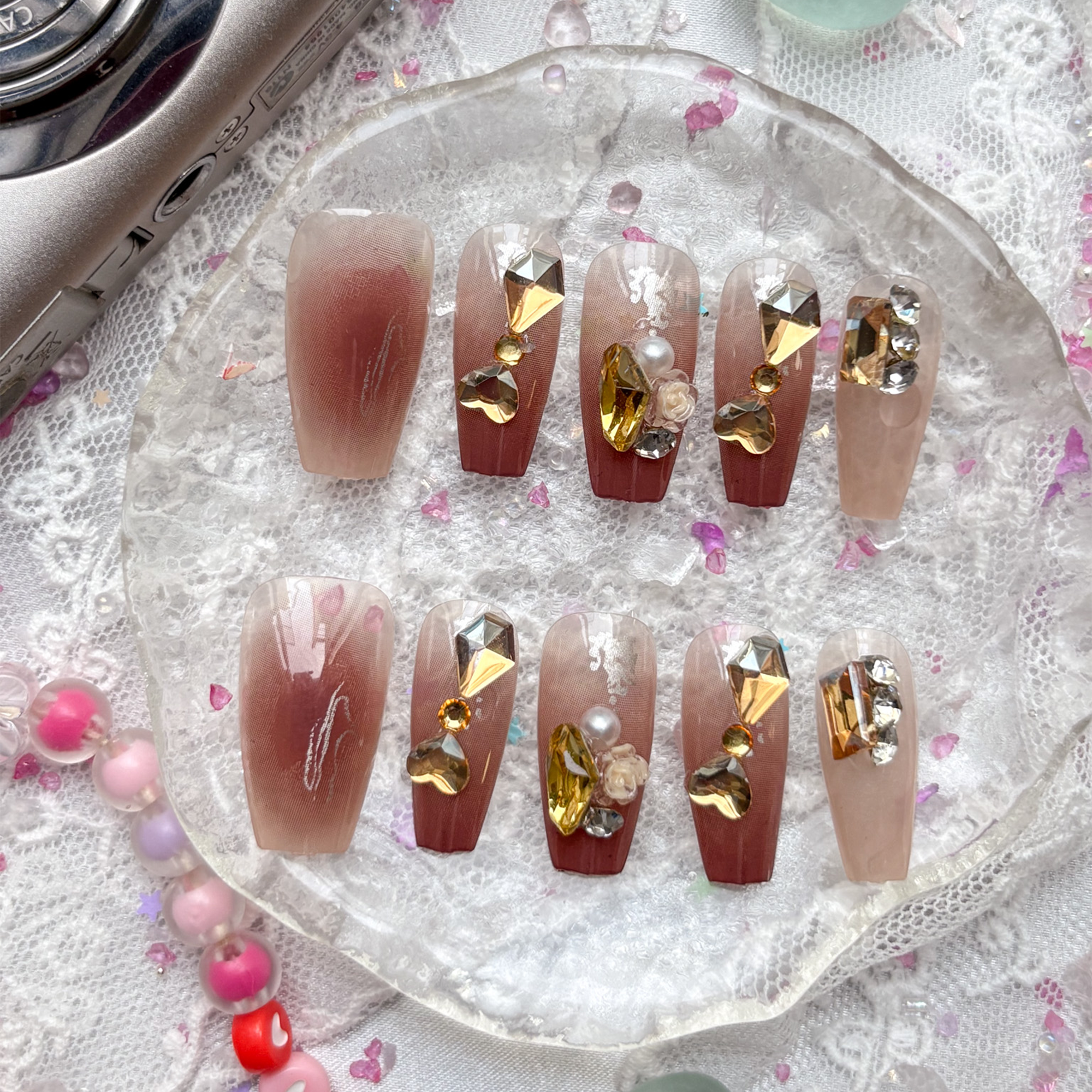 Press-On Nails – Autumn Brown Ombre with Gold Rhinestones & 3D Charms | Long Square Luxury Set | Wynzy Pops Nails
