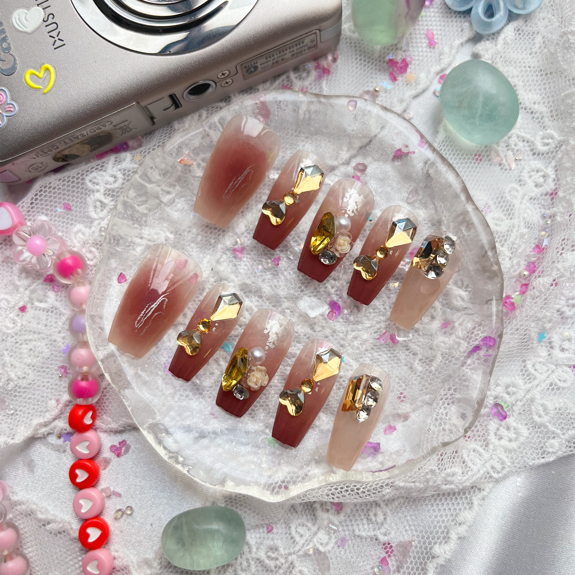 Press-On Nails – Autumn Brown Ombre with Gold Rhinestones & 3D Charms | Long Square Luxury Set | Wynzy Pops Nails