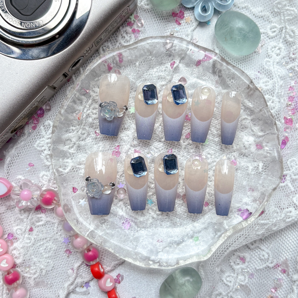 Press-On Nails – Blue Ocean French Tip with 3D Crystal Flower & Gem Accents | Handmade Nail Art Set | Wynzy Pops Nails