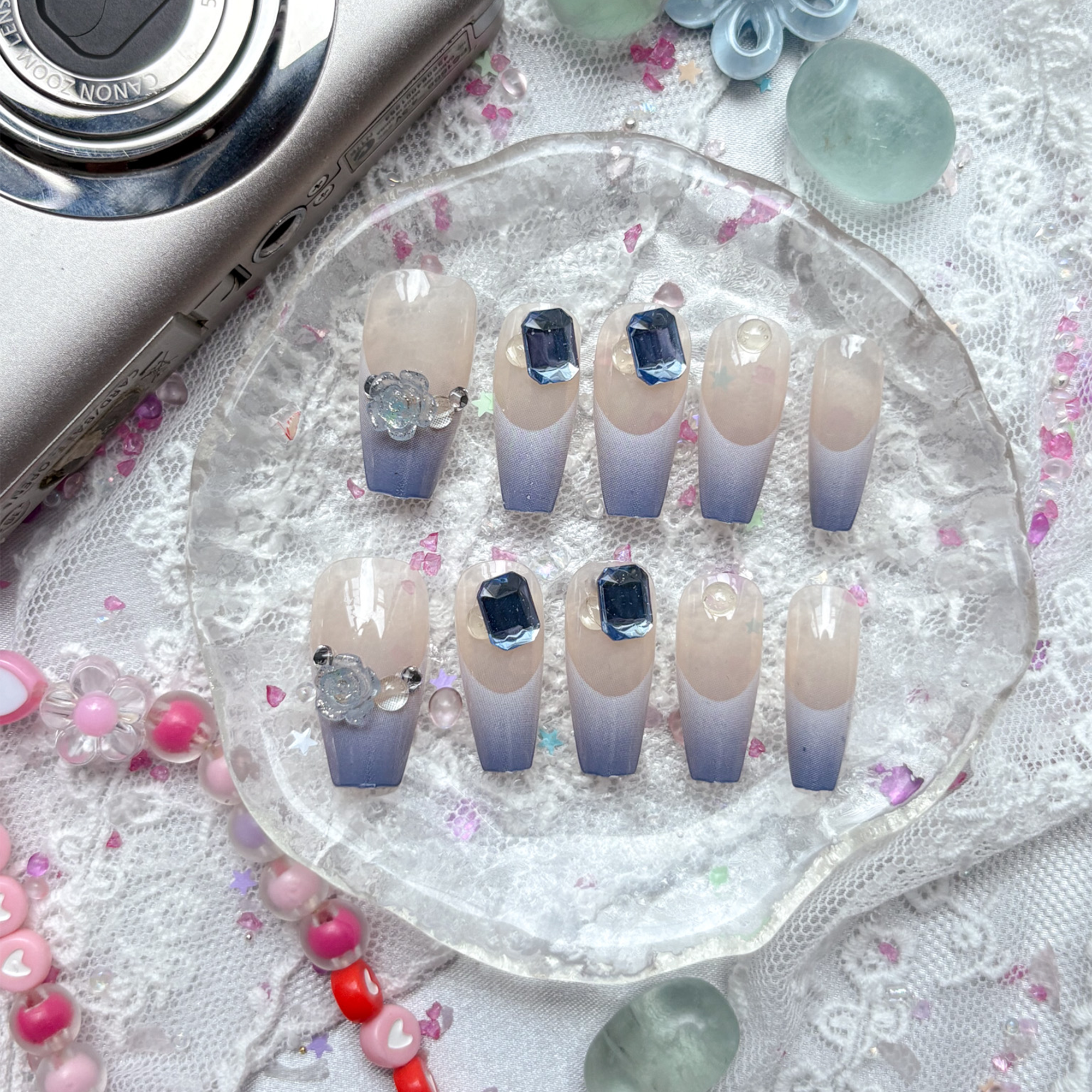 Press-On Nails – Blue Ocean French Tip with 3D Crystal Flower & Gem Accents | Handmade Nail Art Set | Wynzy Pops Nails