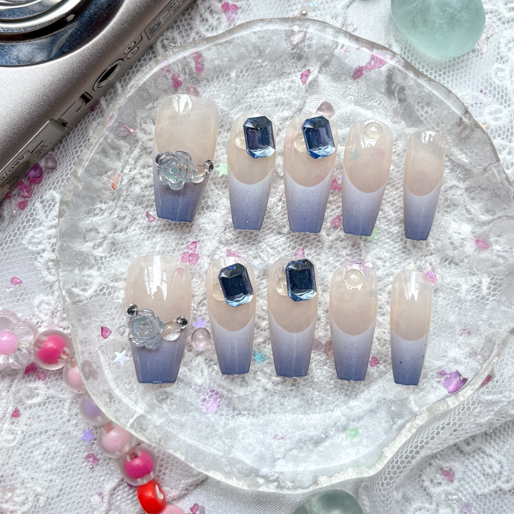 Press-On Nails – Blue Ocean French Tip with 3D Crystal Flower & Gem Accents | Handmade Nail Art Set | Wynzy Pops Nails