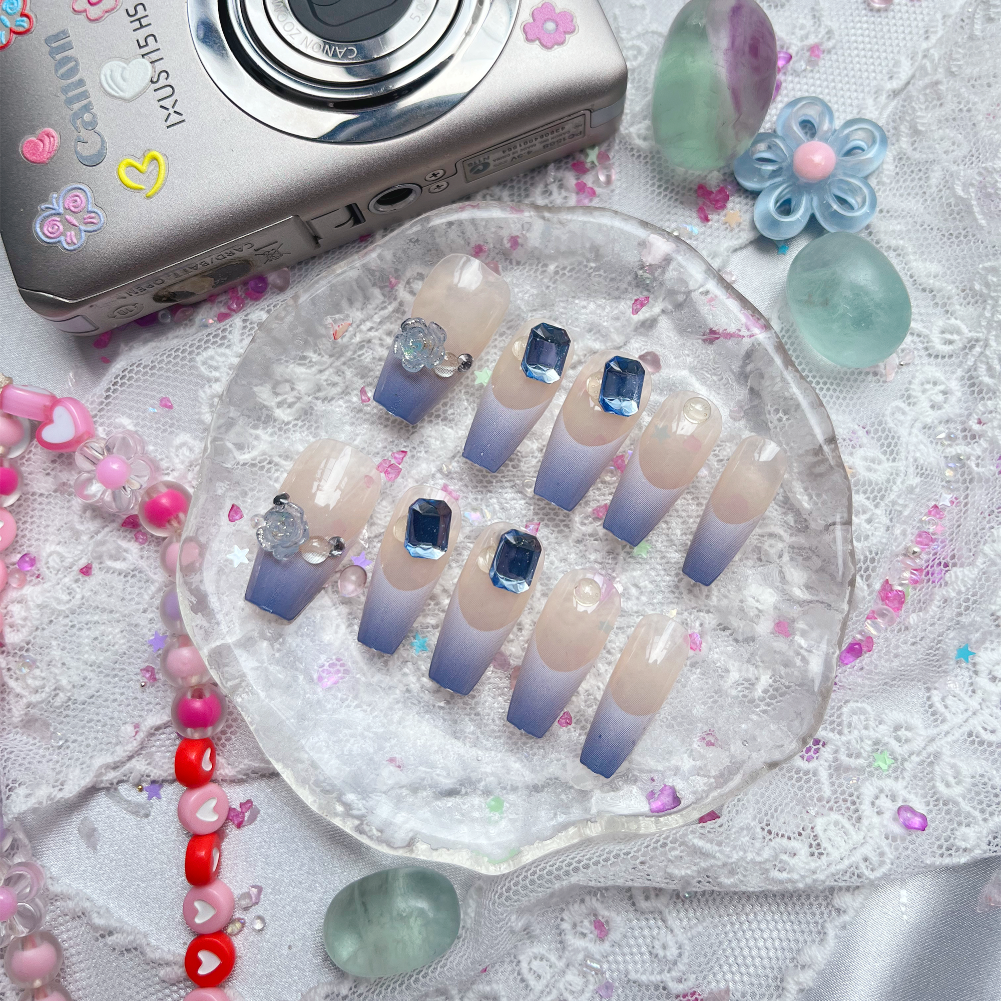 Press-On Nails – Blue Ocean French Tip with 3D Crystal Flower & Gem Accents | Handmade Nail Art Set | Wynzy Pops Nails