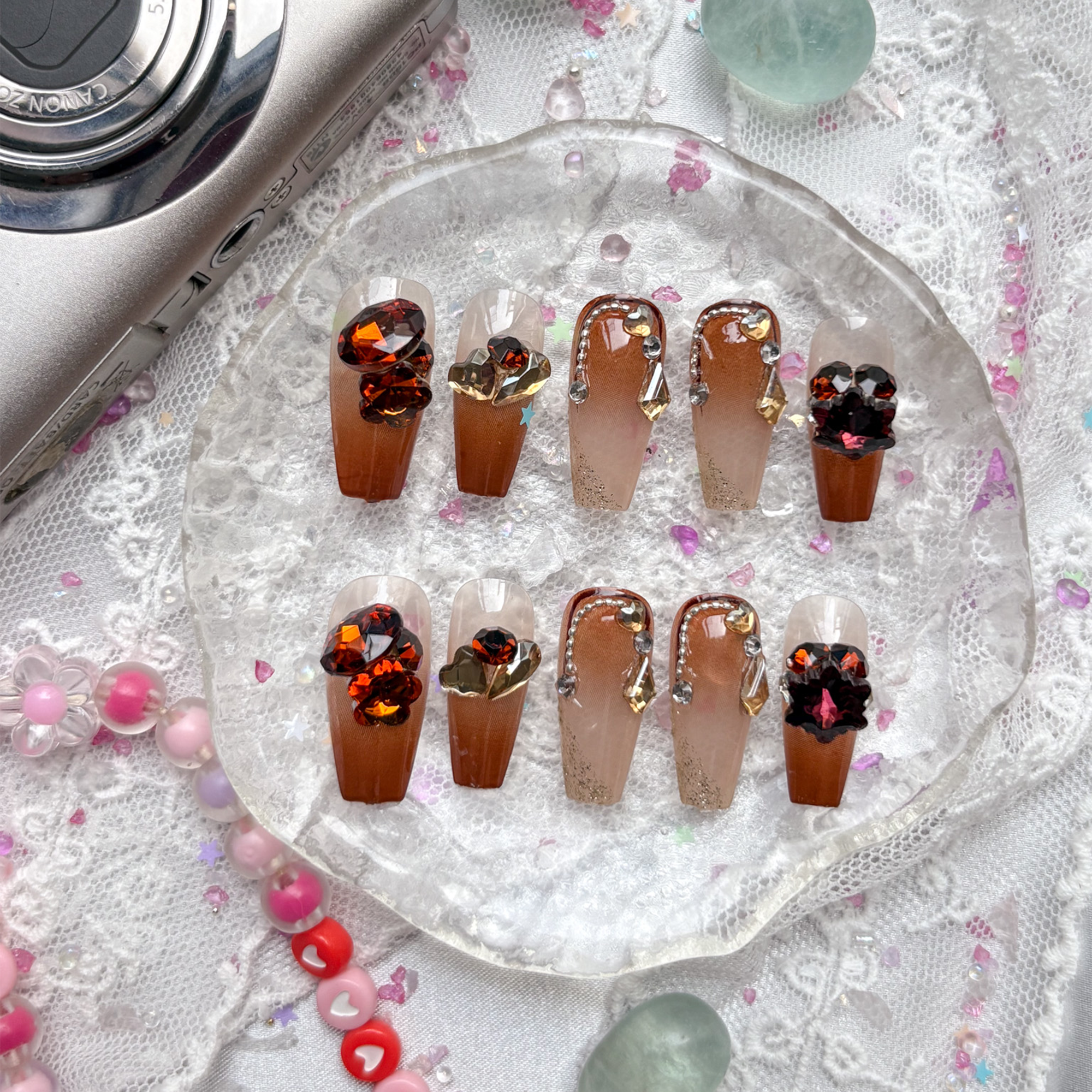 Press-On Nails – Autumn Ombre with Red & Gold Rhinestones | Handmade Fall Crystal Nail Art | Wynzy Pops Nails