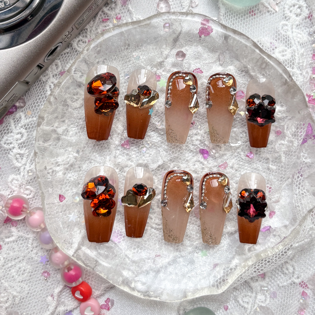 Press-On Nails – Autumn Ombre with Red & Gold Rhinestones | Handmade Fall Crystal Nail Art | Wynzy Pops Nails