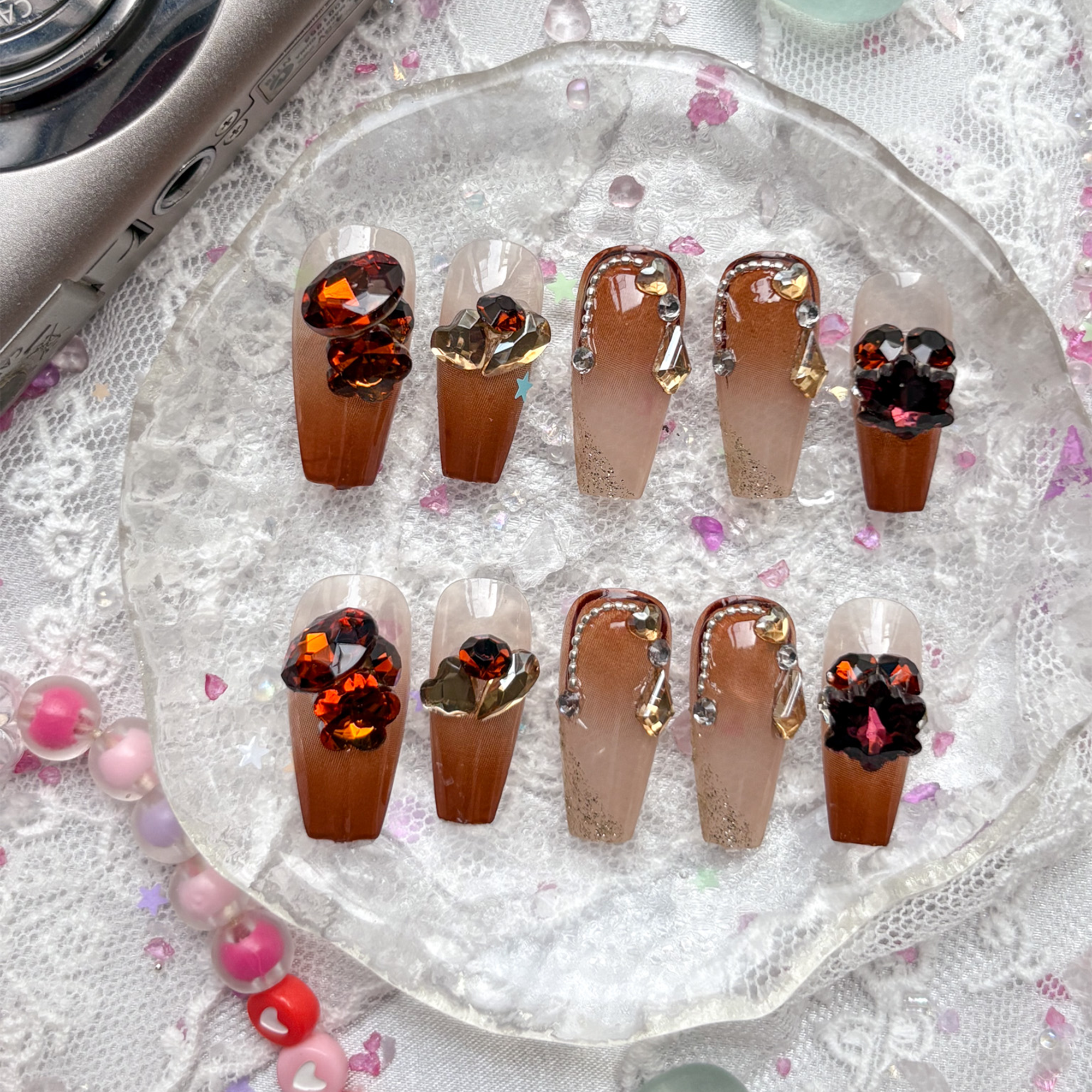 Press-On Nails – Autumn Ombre with Red & Gold Rhinestones | Handmade Fall Crystal Nail Art | Wynzy Pops Nails