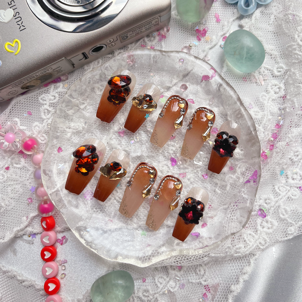 Press-On Nails – Autumn Ombre with Red & Gold Rhinestones | Handmade Fall Crystal Nail Art | Wynzy Pops Nails