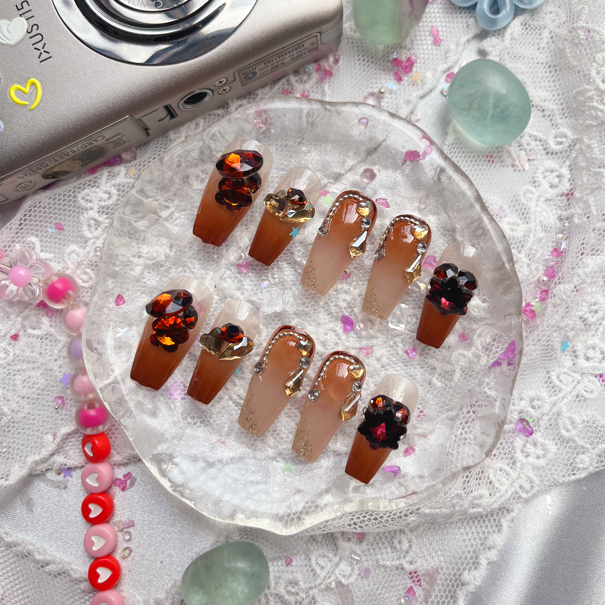 Press-On Nails – Autumn Ombre with Red & Gold Rhinestones | Handmade Fall Crystal Nail Art | Wynzy Pops Nails