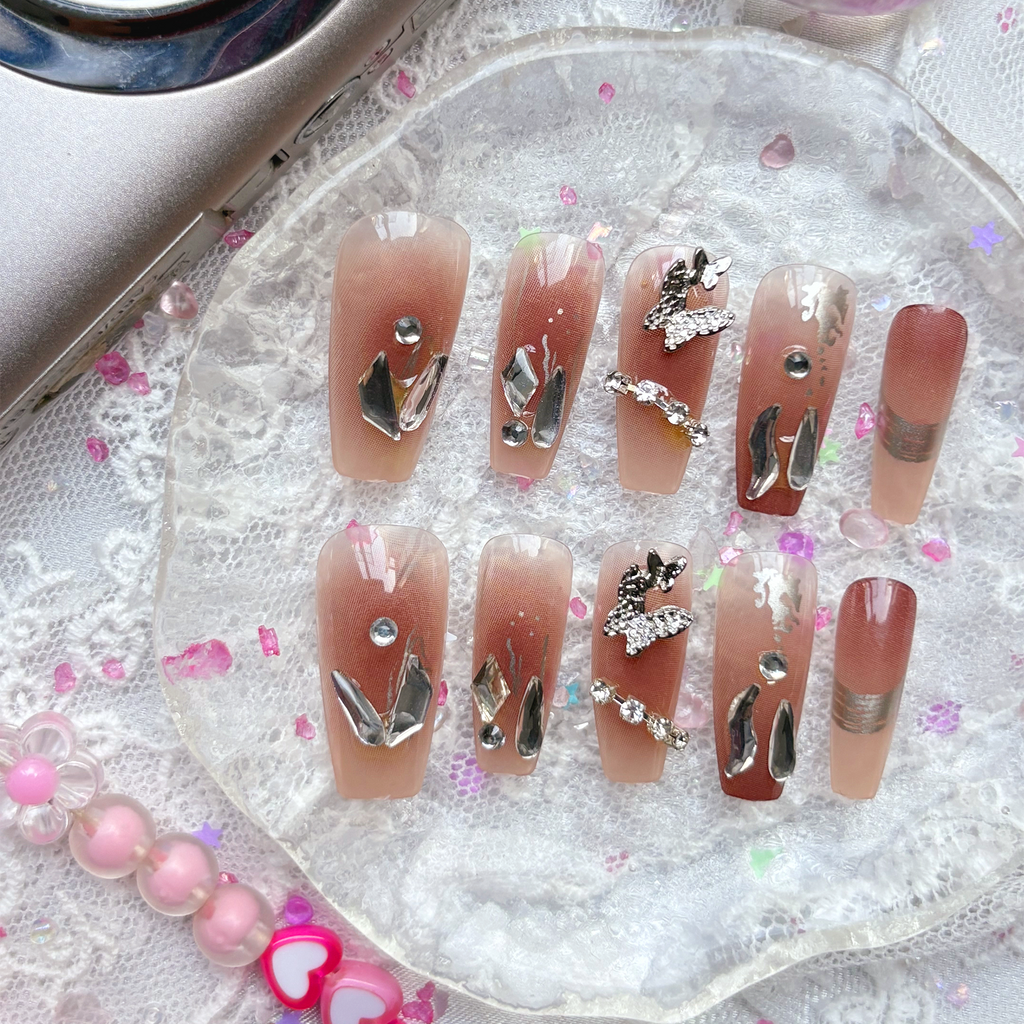 Press-On Nails – Nude Ombre Coffin with Rhinestone & Butterfly Accents | Elegant Glam | Wynzy Pops Nails