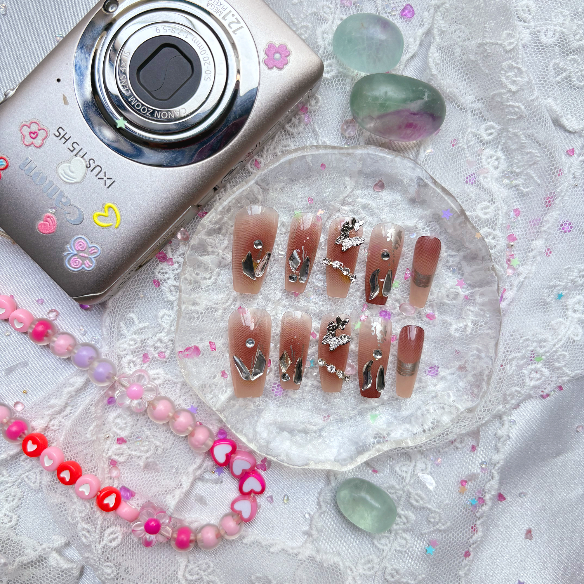 Press-On Nails – Nude Ombre Coffin with Rhinestone & Butterfly Accents | Elegant Glam | Wynzy Pops Nails