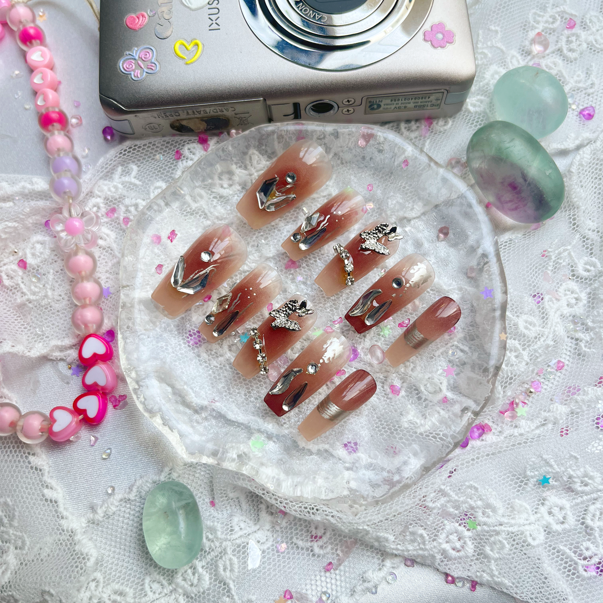 Press-On Nails – Nude Ombre Coffin with Rhinestone & Butterfly Accents | Elegant Glam | Wynzy Pops Nails