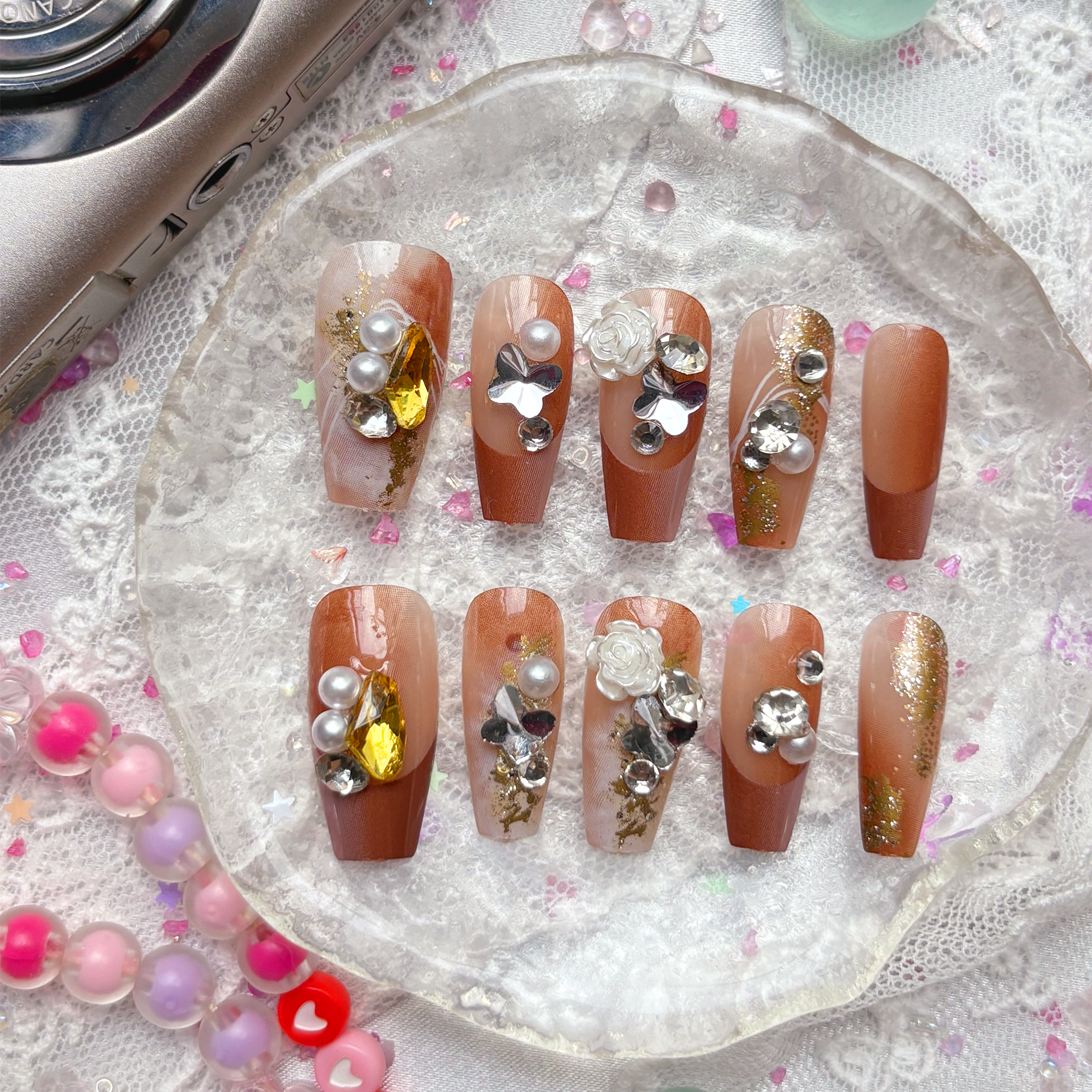 Press-On Nails – Autumn Ombre with Rhinestones, Pearls & Gold Foil | Handmade Fall Glam Nail Art | Wynzy Pops Nails