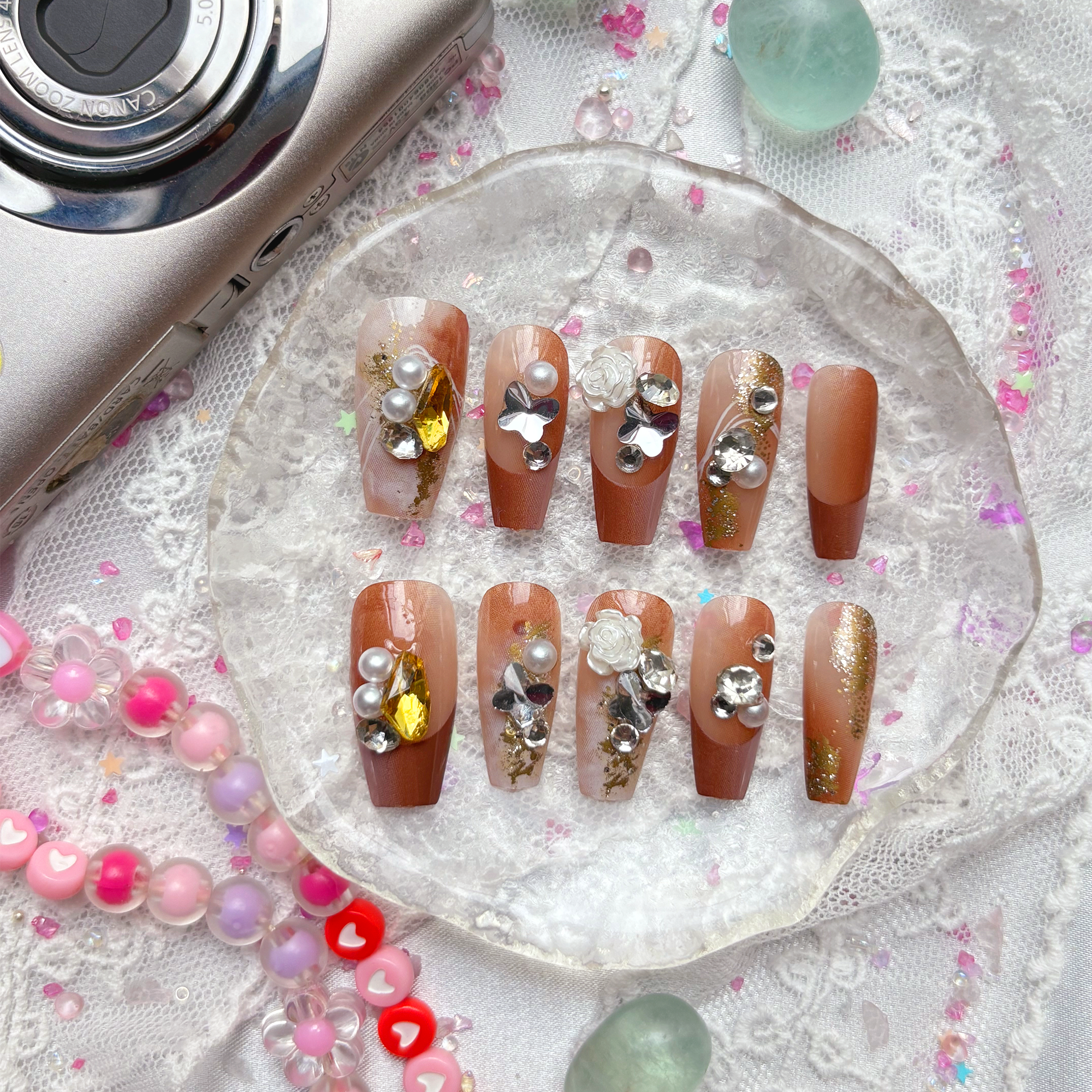 Press-On Nails – Autumn Ombre with Rhinestones, Pearls & Gold Foil | Handmade Fall Glam Nail Art | Wynzy Pops Nails