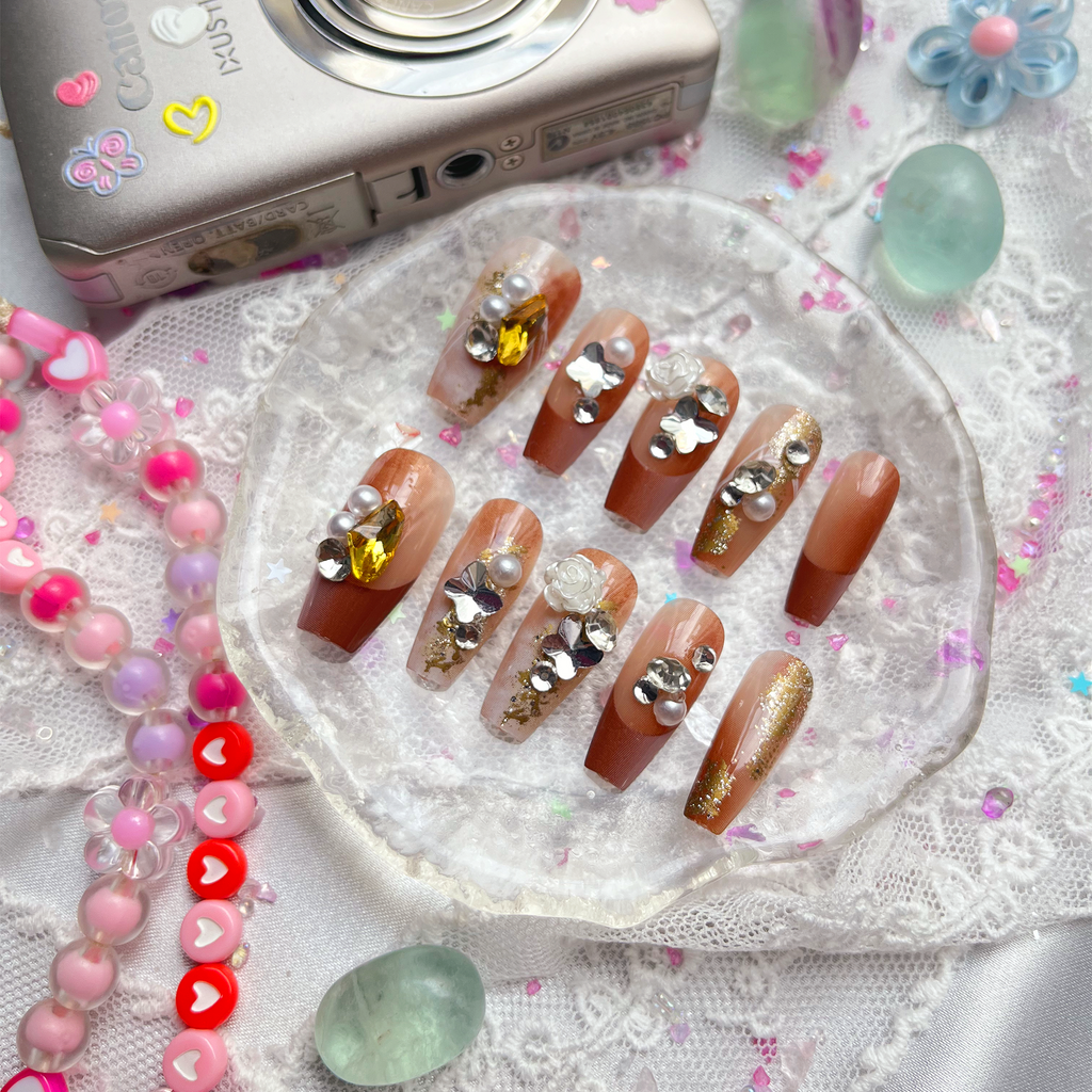 Press-On Nails – Autumn Ombre with Rhinestones, Pearls & Gold Foil | Handmade Fall Glam Nail Art | Wynzy Pops Nails