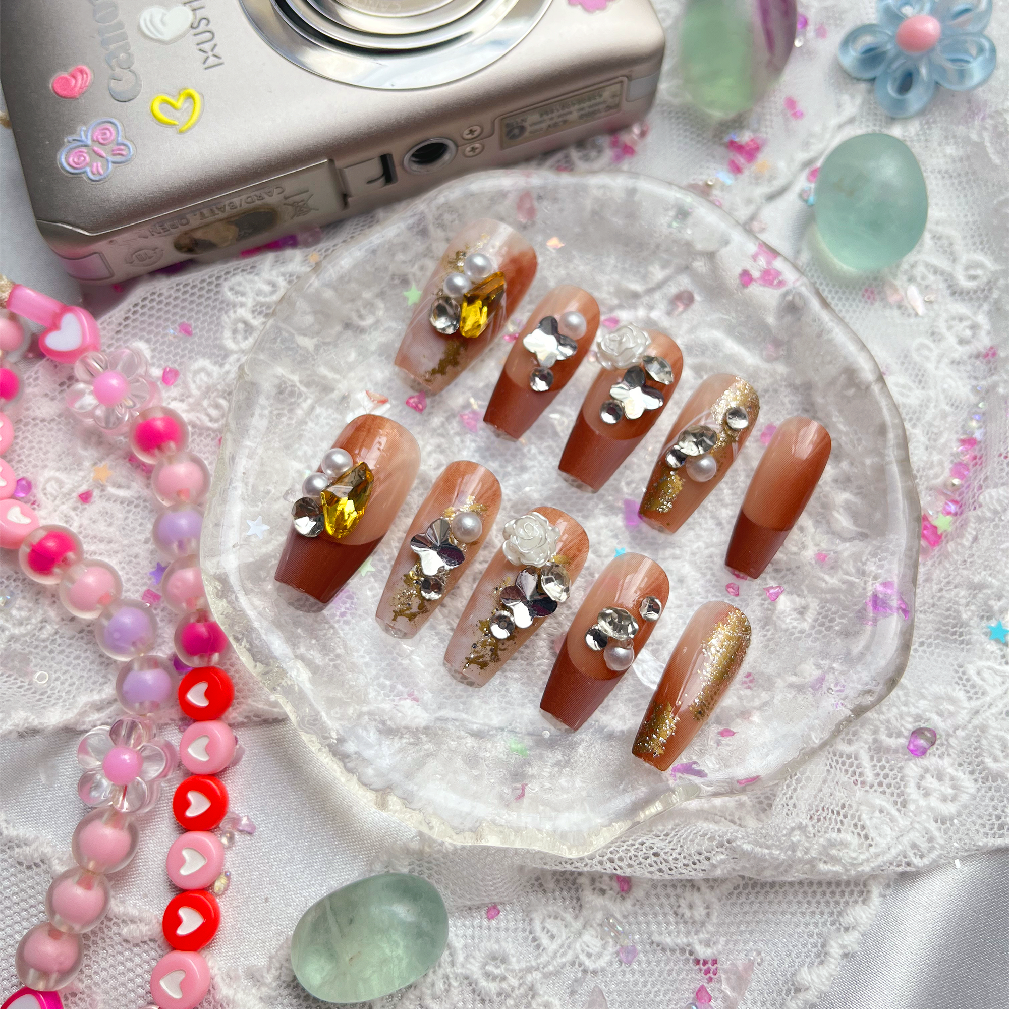 Press-On Nails – Autumn Ombre with Rhinestones, Pearls & Gold Foil | Handmade Fall Glam Nail Art | Wynzy Pops Nails