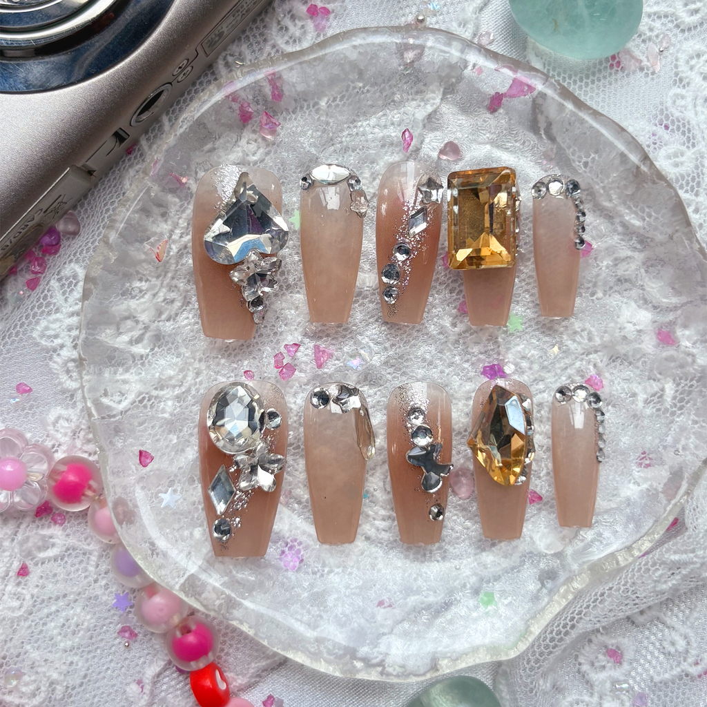 Press-On Nails – Long Square Brown Jelly with Silver Glitter, Crystal & Gold Gem Accents | Wynzy Pops Nails