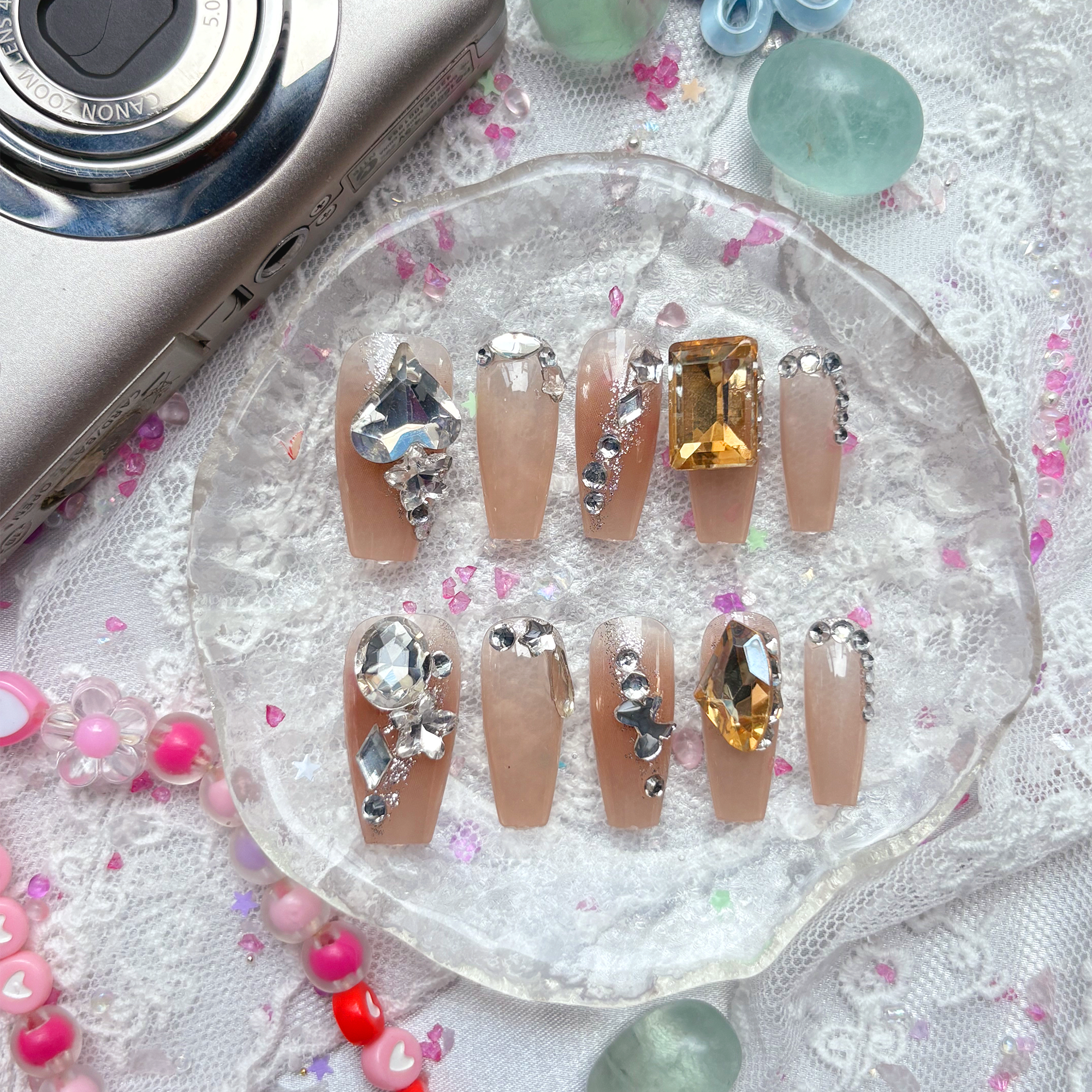 Press-On Nails – Long Square Brown Jelly with Silver Glitter, Crystal & Gold Gem Accents | Wynzy Pops Nails