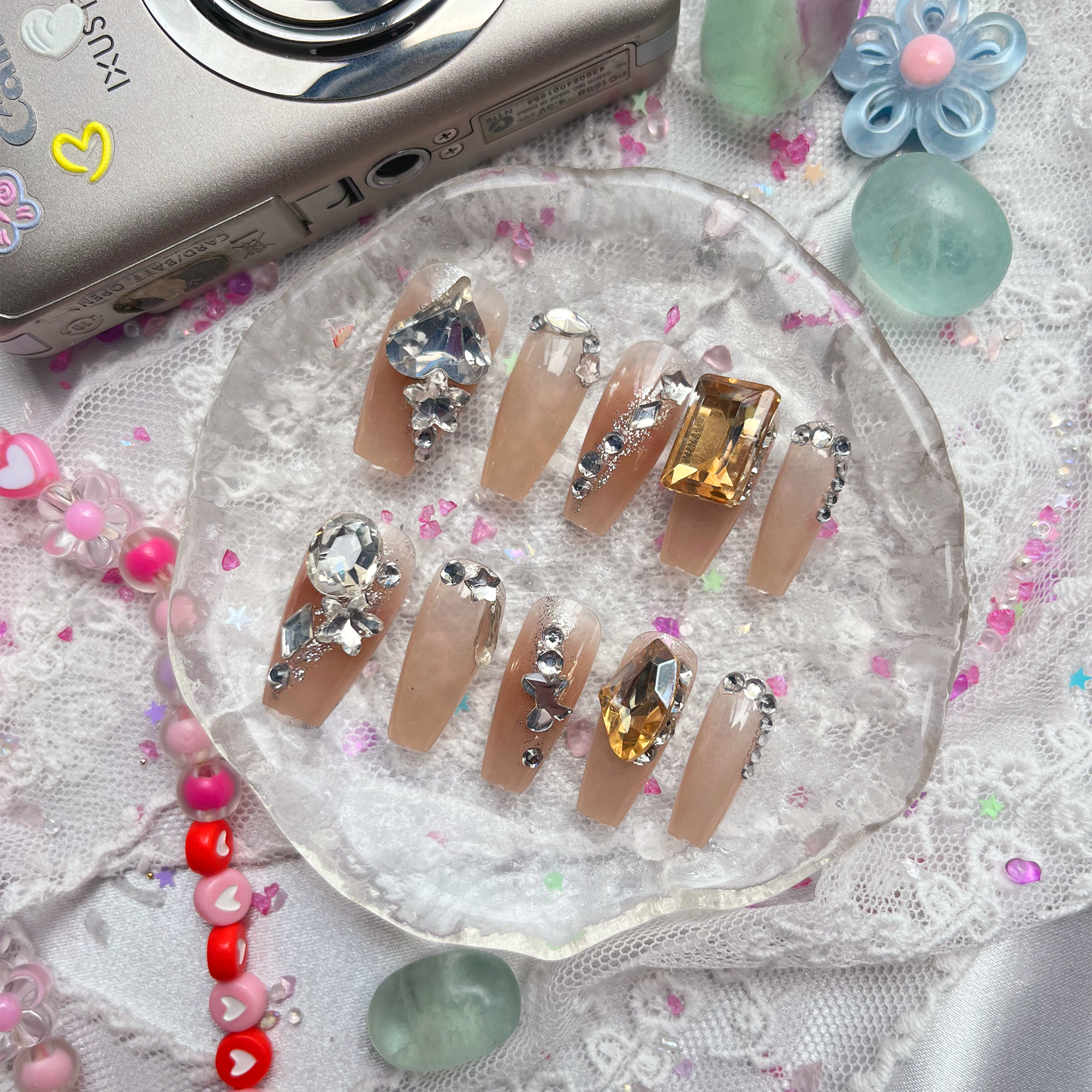 Press-On Nails – Long Square Brown Jelly with Silver Glitter, Crystal & Gold Gem Accents | Wynzy Pops Nails