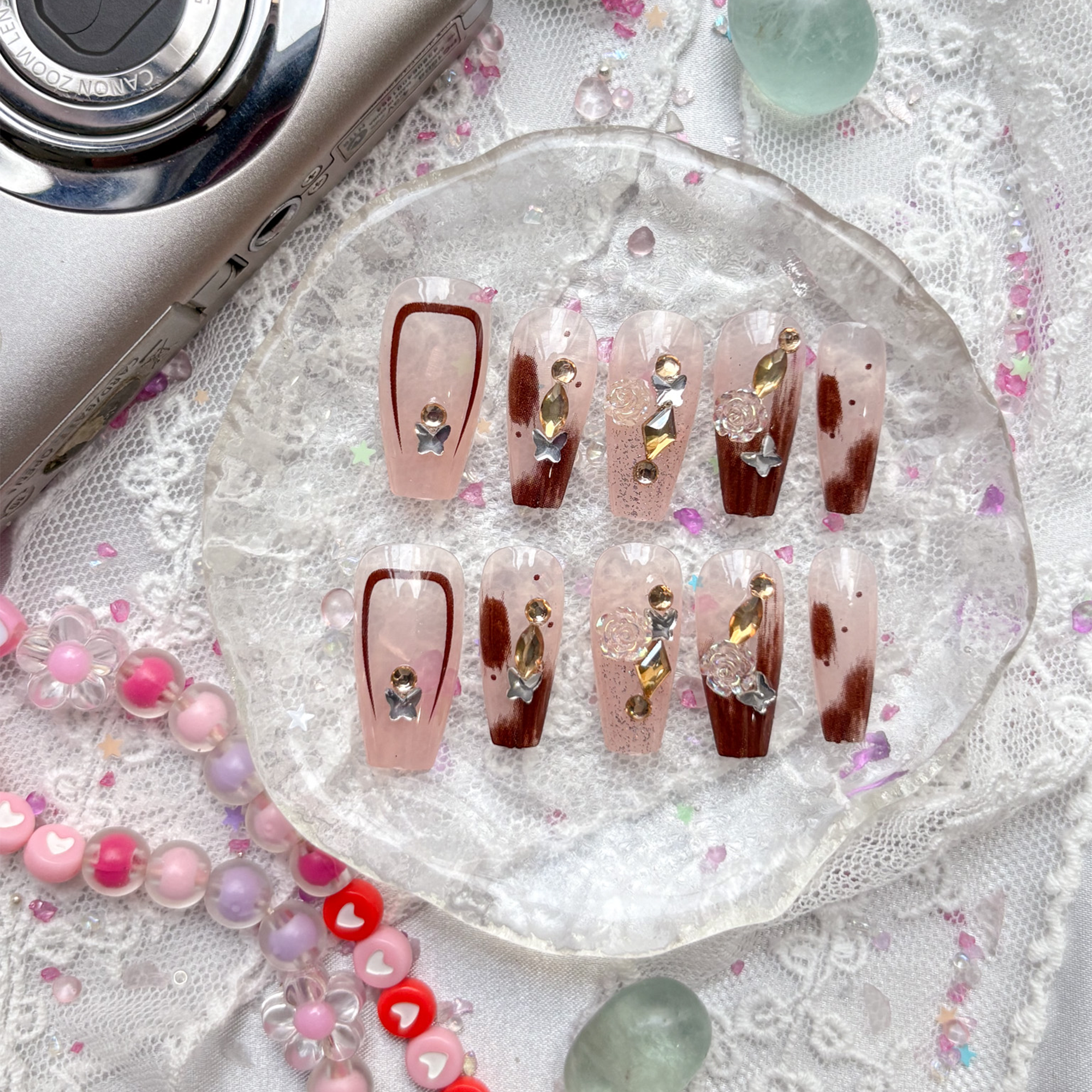 Press-On Nails – Mocha Blush with Gold Gems & Star Charms | Textured Glitter Art Coffin Set | Wynzy Pops Nails