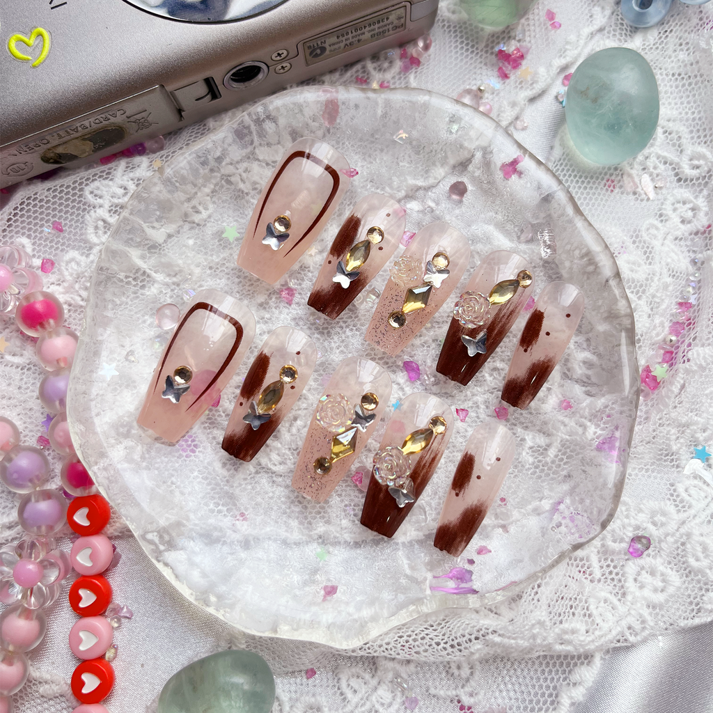 Press-On Nails – Mocha Blush with Gold Gems & Star Charms | Textured Glitter Art Coffin Set | Wynzy Pops Nails