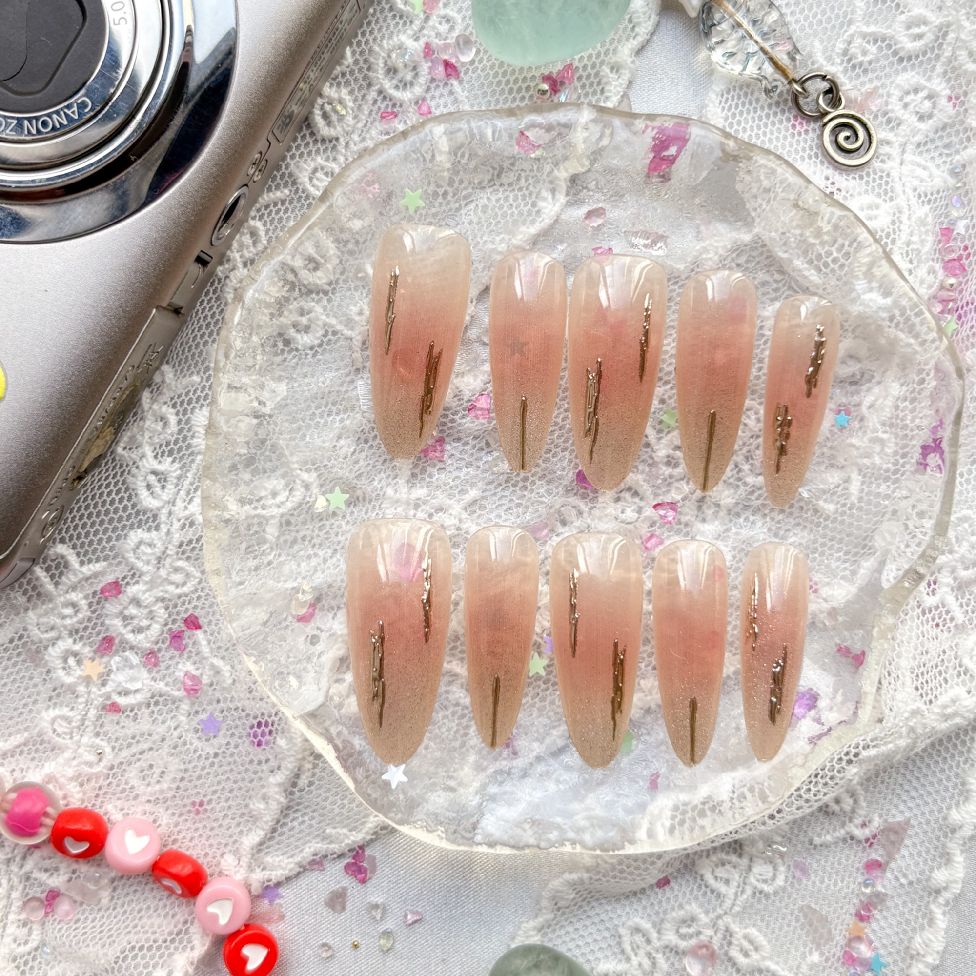 Custom Press-On Nails – Nude Pink Ombré with Gold Foil & Holographic Glow | Wynzy Pops Nails