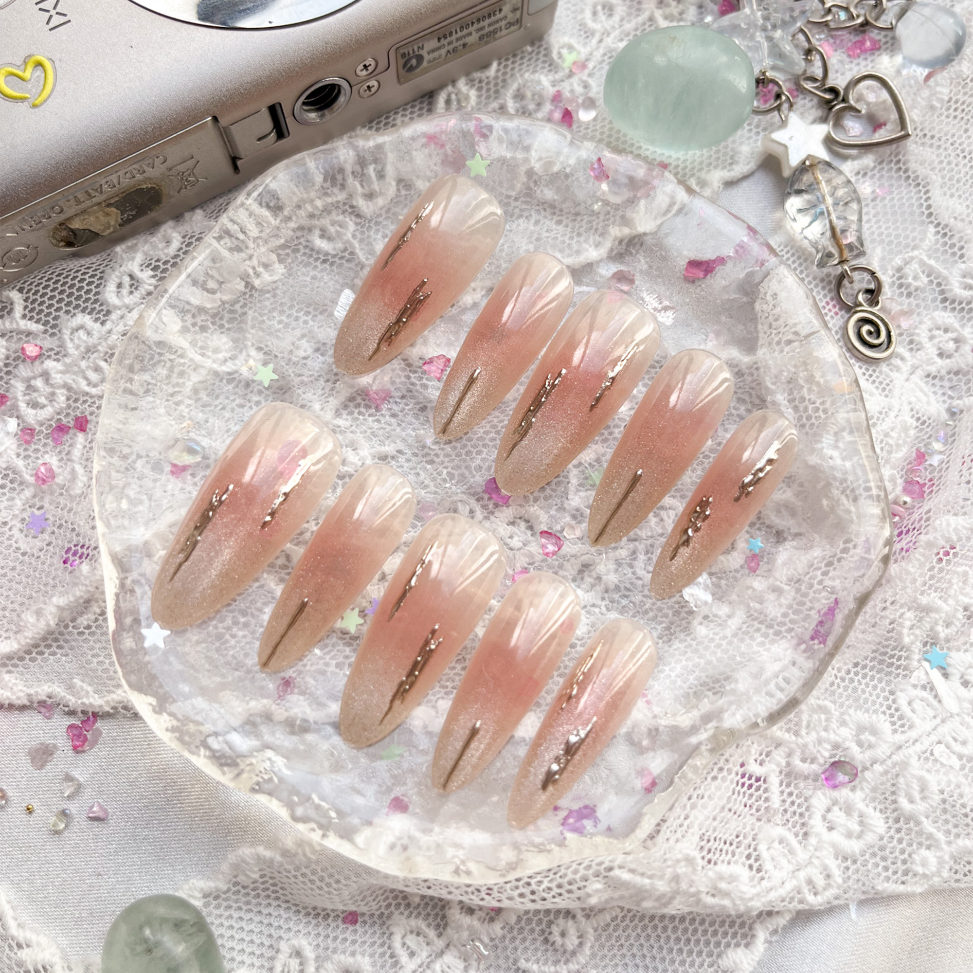 Custom Press-On Nails – Nude Pink Ombré with Gold Foil & Holographic Glow | Wynzy Pops Nails