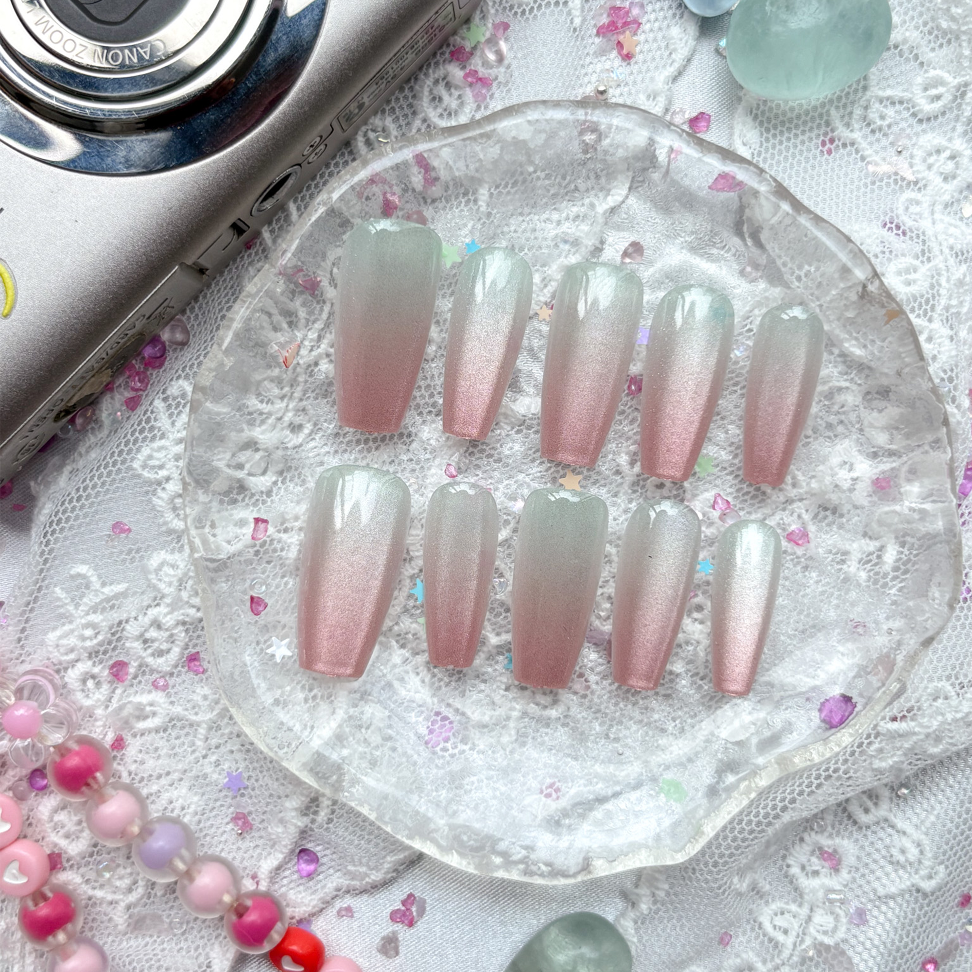 Custom Press-On Nails – Personalized Pastel Ombré Glitter Coffin Set | Soft Pink & Mint Shimmer | Wynzy Pops Nails